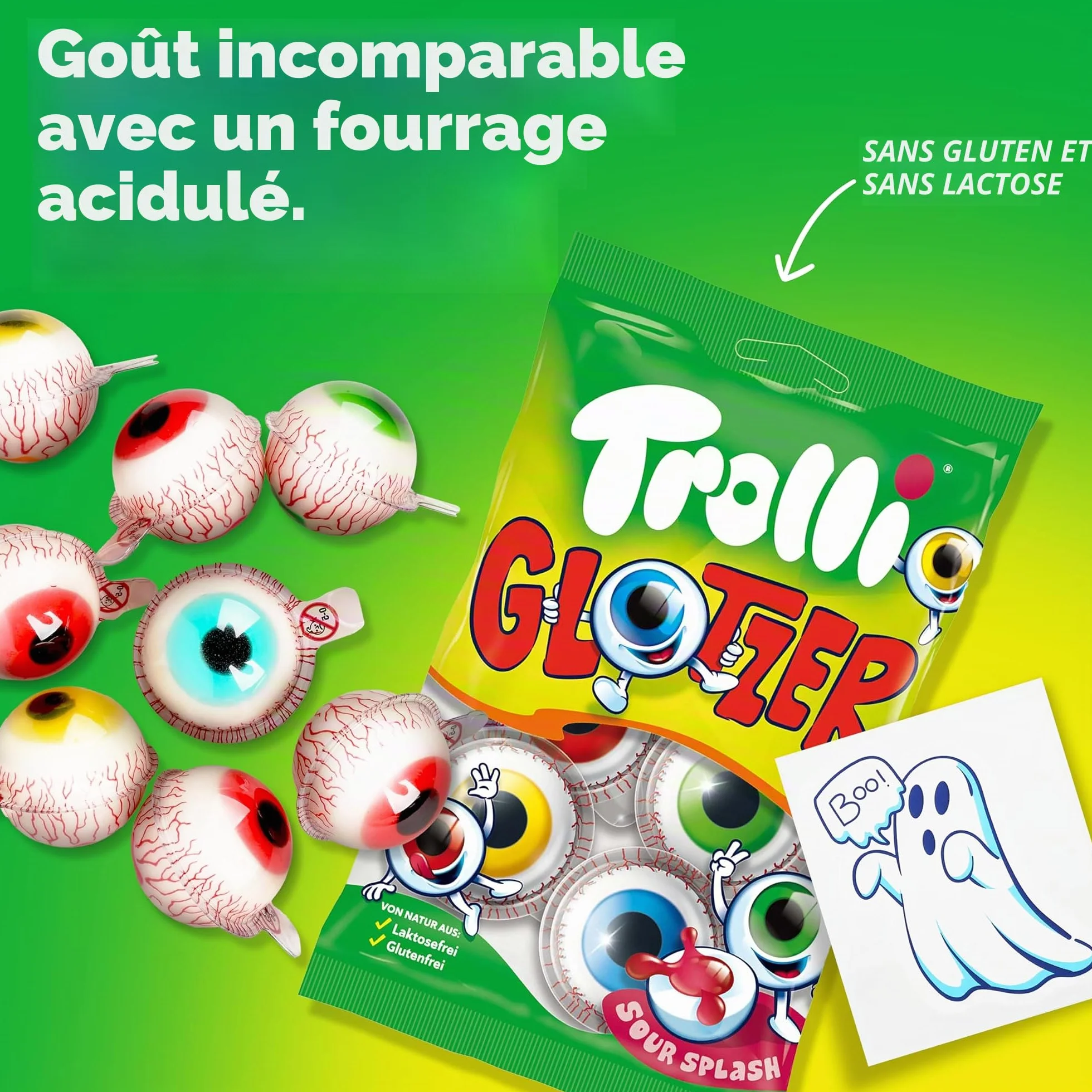 Trolli Glotzer Bonbons d'Halloween – 3 sachets de 75g avec 4 yeux chacun (12 Glotzer au total) – Sans lactose et sans gluten, avec autocollants fantômes – Parfait pour les sacs d'école, les pinatas et