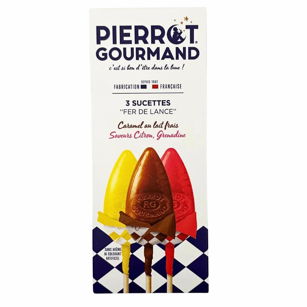 Pierrot Gourmand - Etui 3 sucettes - Fer de lance - Caramel au lait frais, citron et grenadine