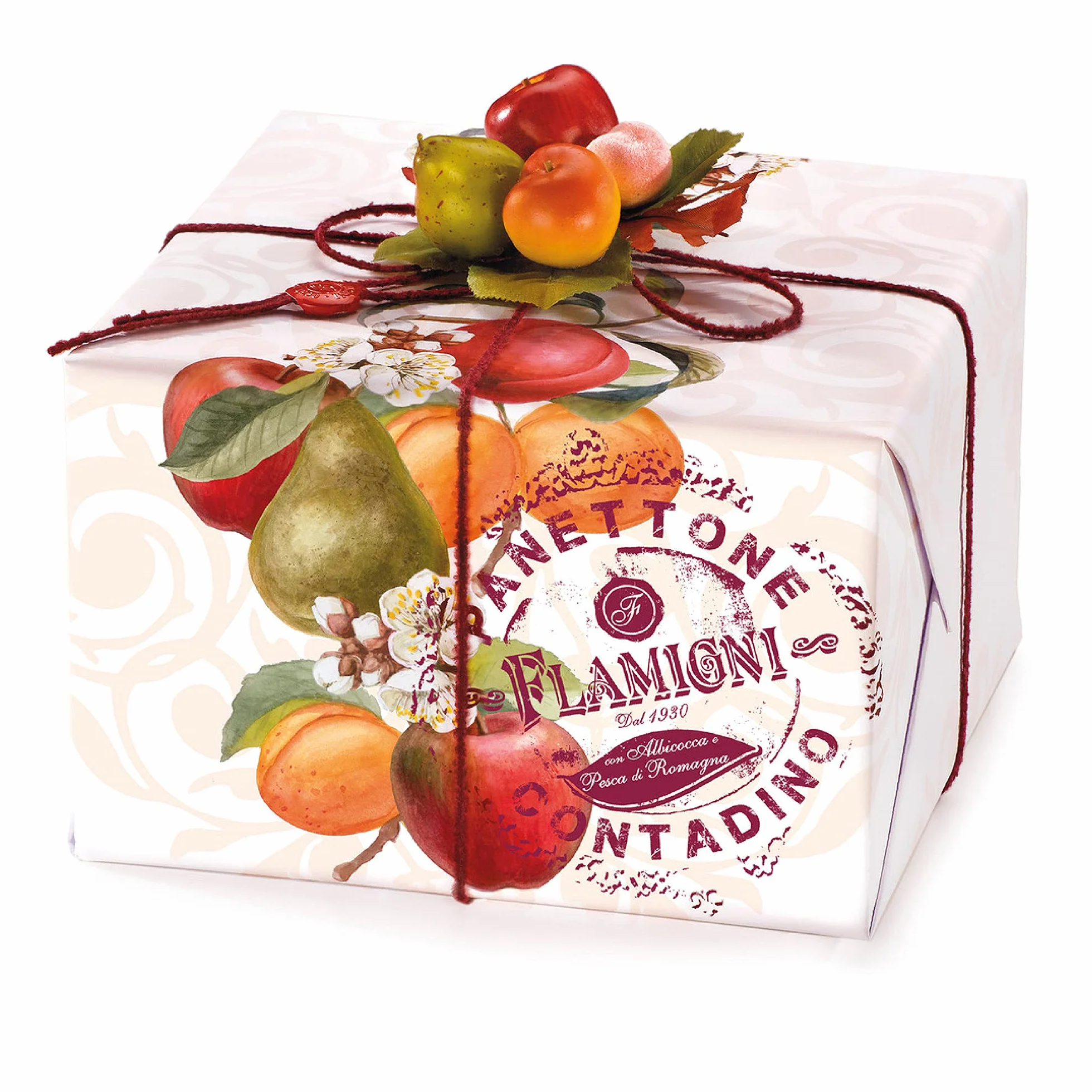 FLAMIGNI, Panettone Artisanal Italien à la Poire, Pêche, Pomme et Abricot Confit, avec Glaçage aux Noisettes, Amandes et Sucre, sans Raisins Secs, Emballage Cadeau avec Décoration pour Noël, 1kg