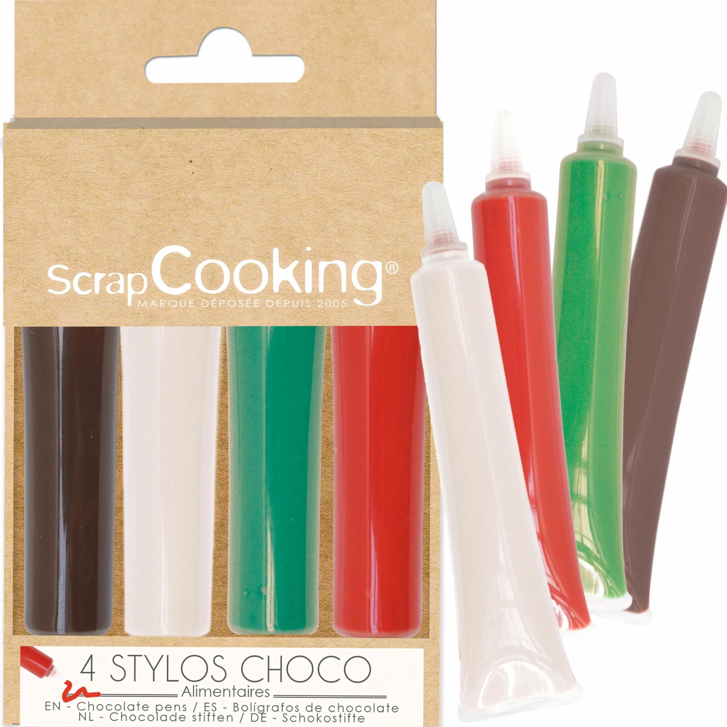ScrapCooking - 4 Stylos Choco Noël - Marron, Blanc, Vert & Rouge - Crayons Alimentaires Pâtisserie - Colorants Décoratifs Comestibles - Écrire & Dessiner sur Desserts, Gâteaux & Biscuits - 7060