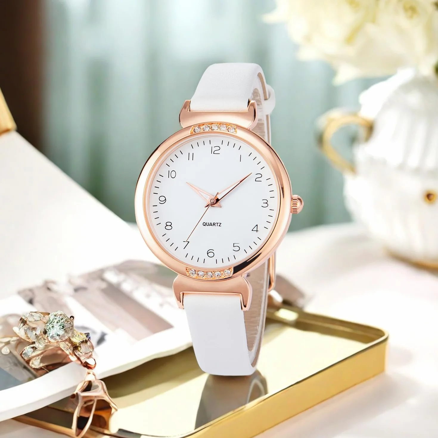 Montre Femme Cuir Or Rose Noir Blanc Quartz Analogique
