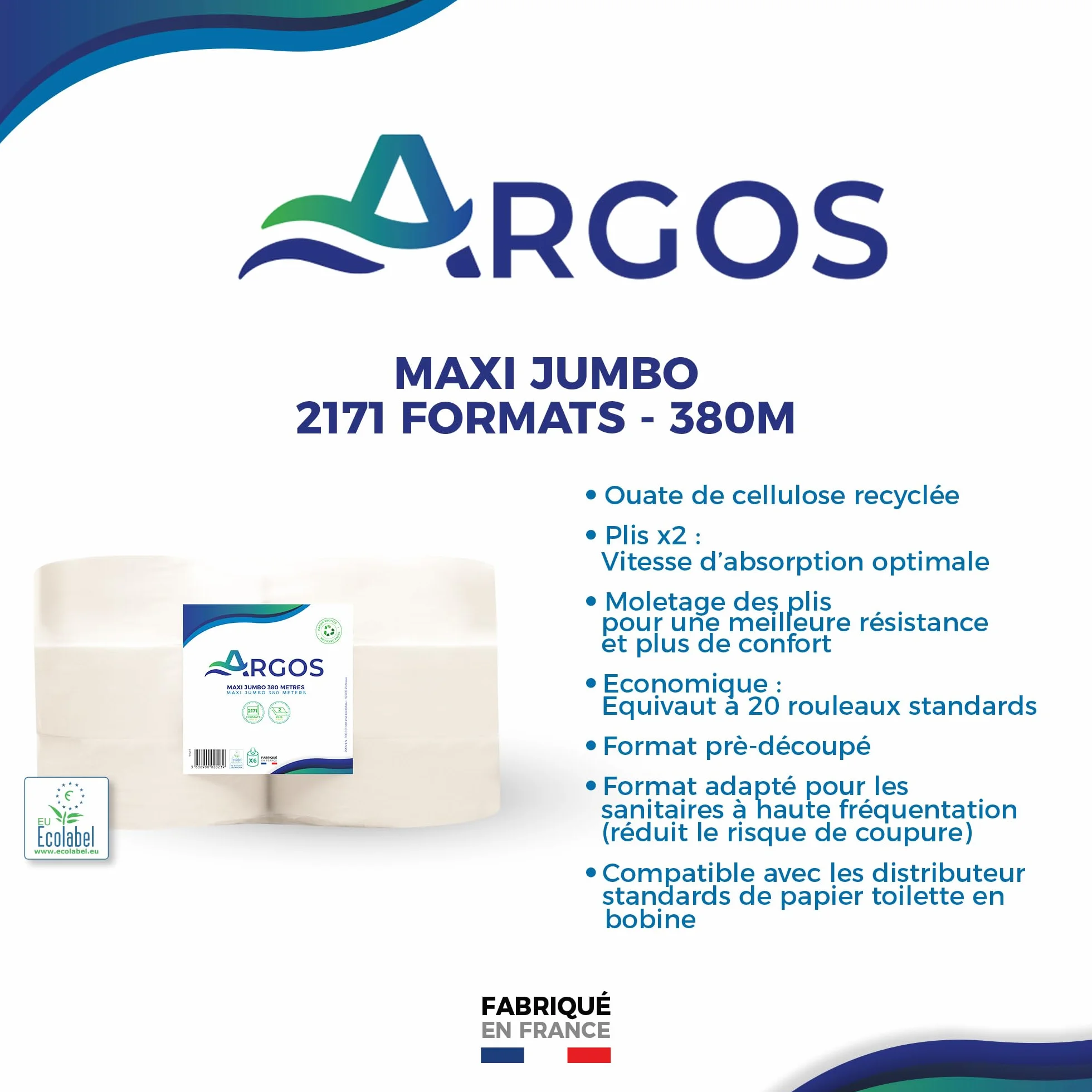 ARGOS - Papier toilette - Maxi jumbo - Cellulose recyclée - Absorption optimale - Ecolabel - 380M - Fabrication française - 6 Rouleaux