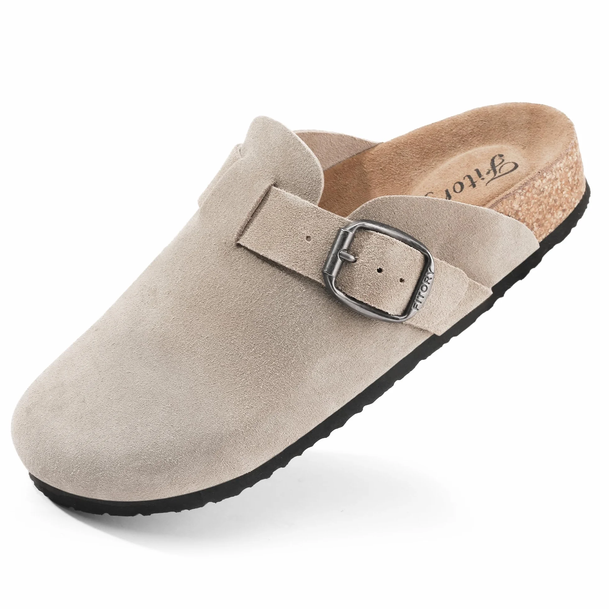 FITORY Sabots Femme en Daim Souple Nu-Pieds Ajustables Semelle Liège Anatomique Mule Taille 37-43