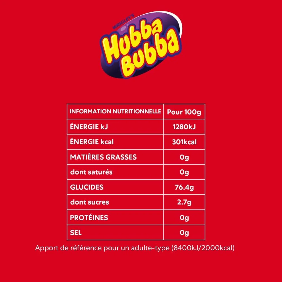 HUBBA HUBBA Chewing Gum Rouleau Bubble Gum Goût Fancy Fruit 12 Rouleaux 180 cm