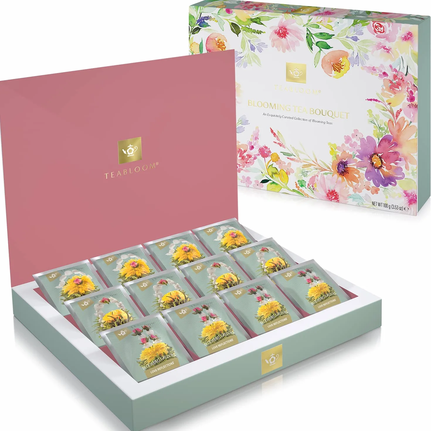 Teabloom Caisse à Thé Fleuri – Collection de 12 Thés en Fleurs Gourmets (36 Infusions) – Emballés dans une Élégante Boîte à Thé Cadeau Prête à Offrir