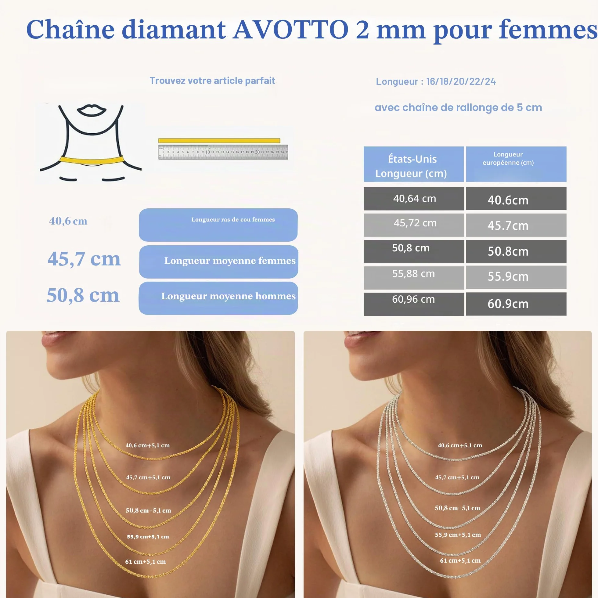 Avotto S925 Collier en argent sterling 2 mm avec diamants Chaîne étincelante 14-28 pouces