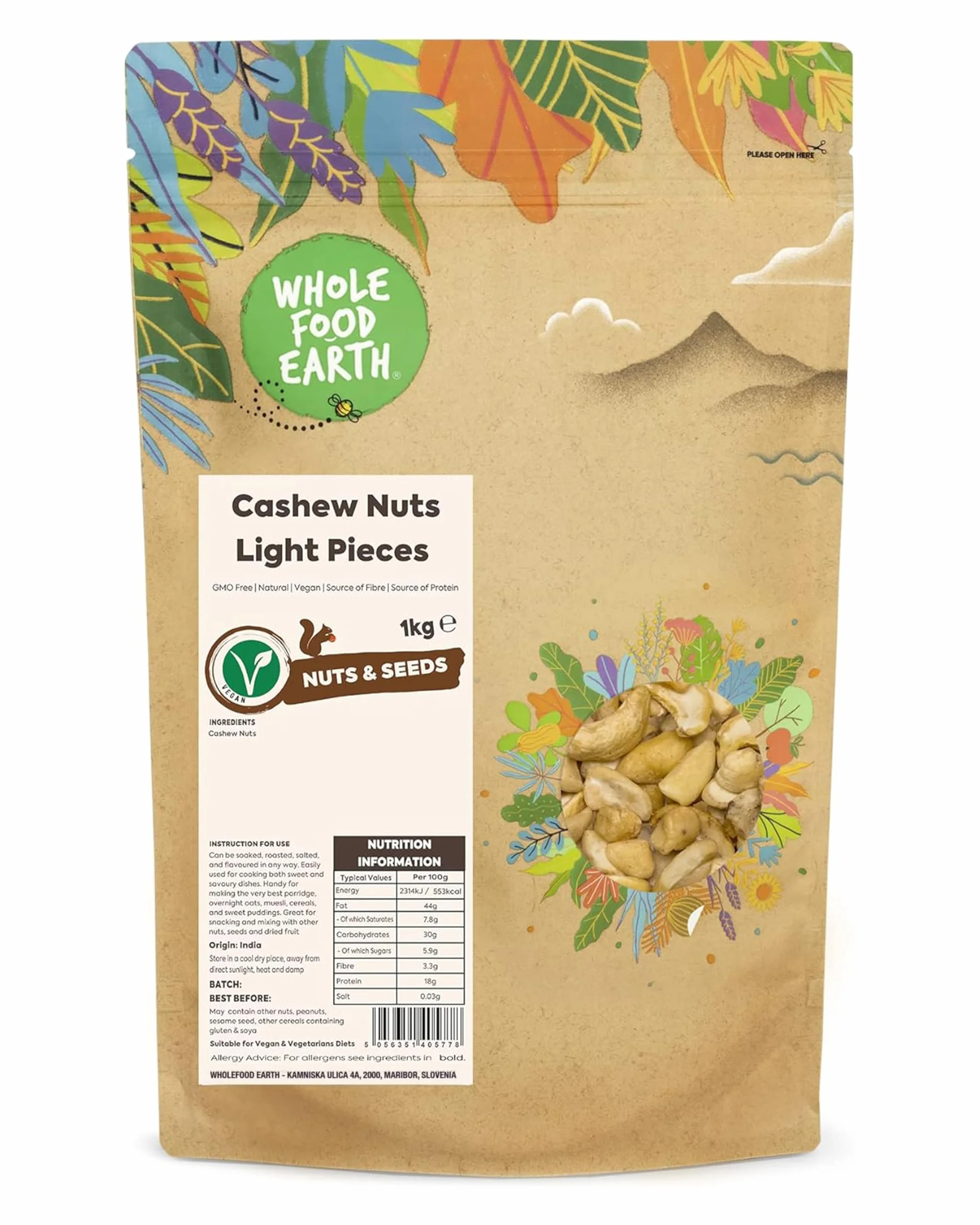 Wholefood Earth Noix de Cajou Morceaux - Sans OGM Naturel Vegan Protéine 1 kg