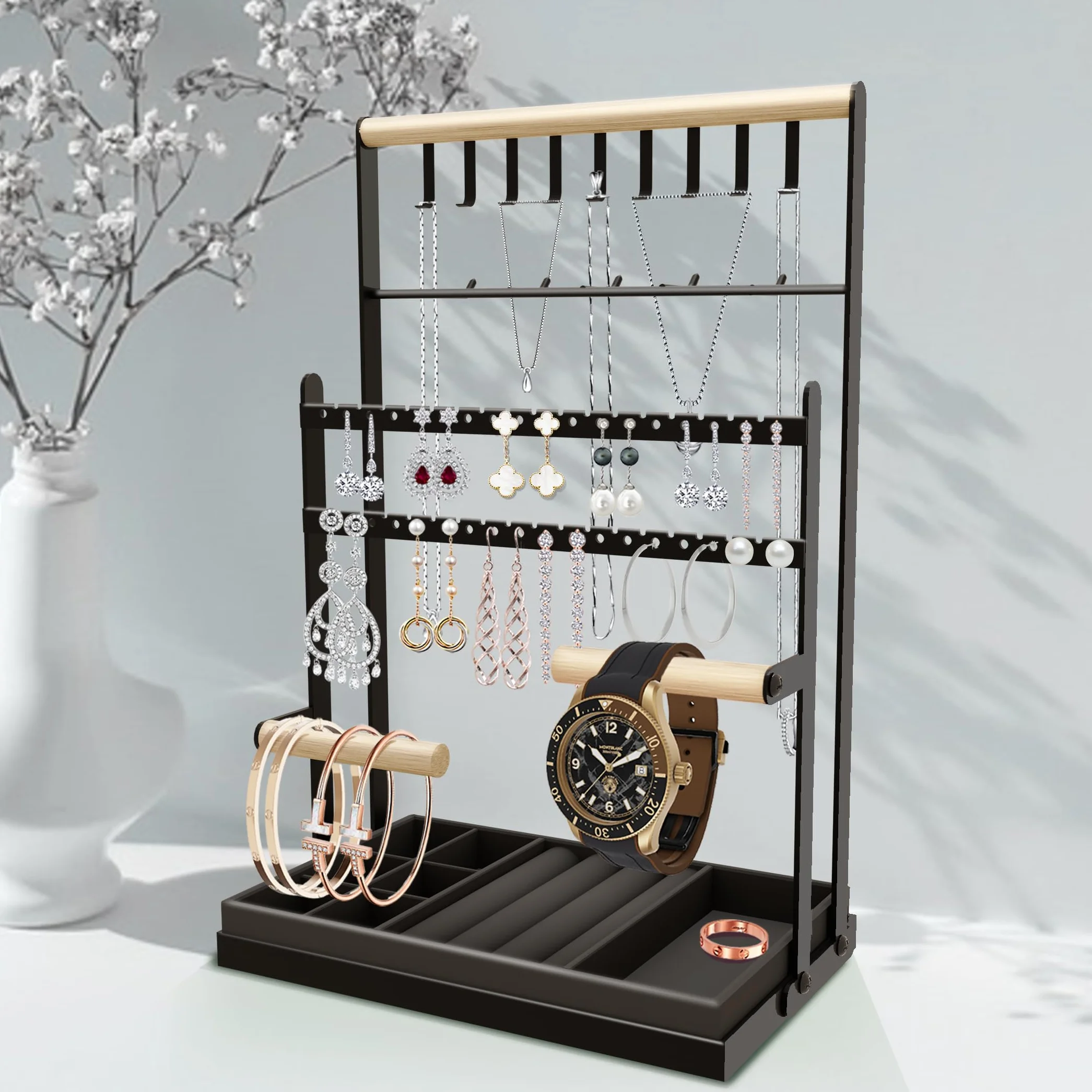 Présentoir à Bijoux Porte-Chaîne en Velours, Support de Rangement pour Chaînes Boucles d'Oreilles Bagues Bracelets Montres, Noir