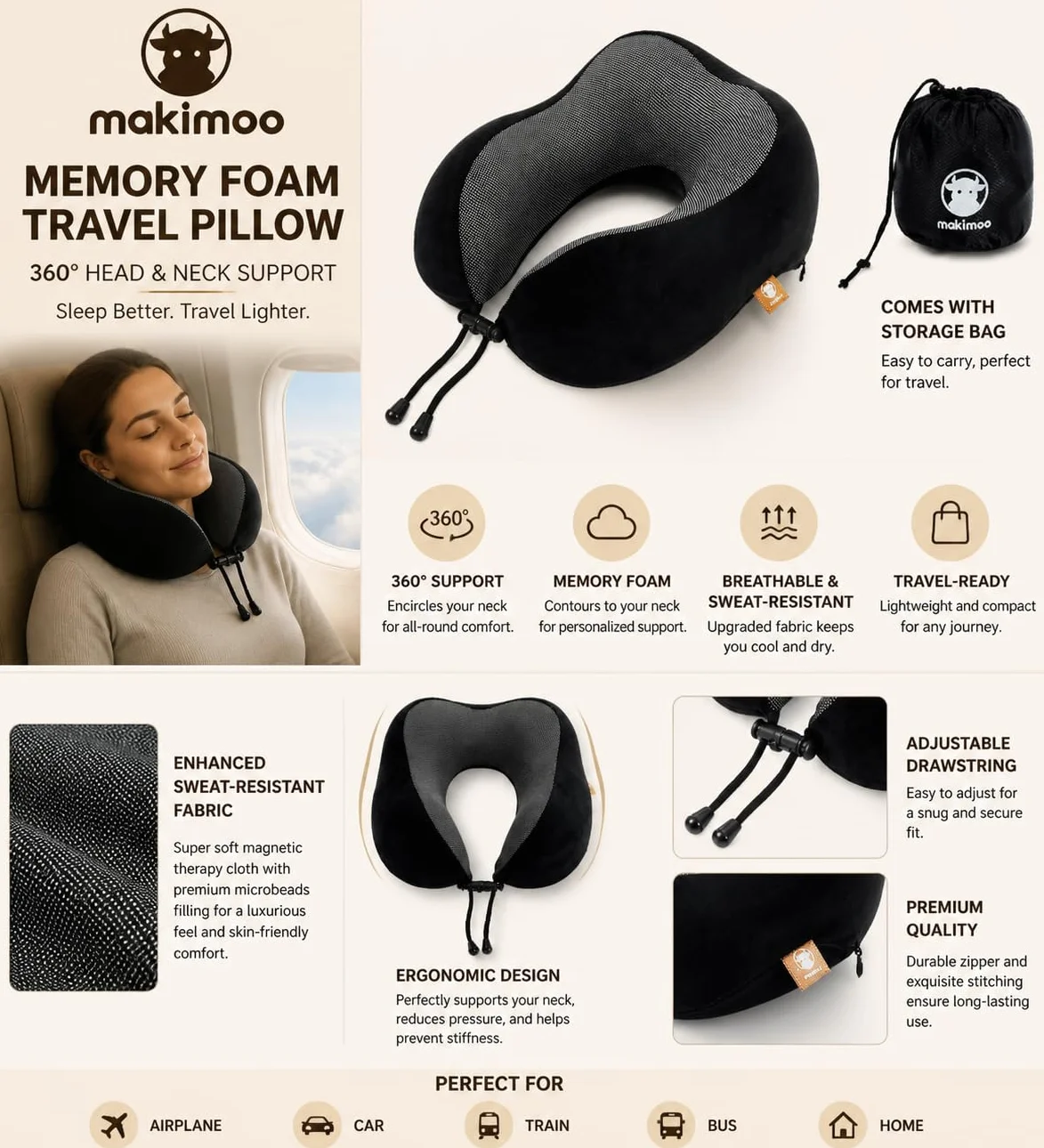 Oreiller de voyage en mousse à mémoire de forme cervical 360 degrés Noir