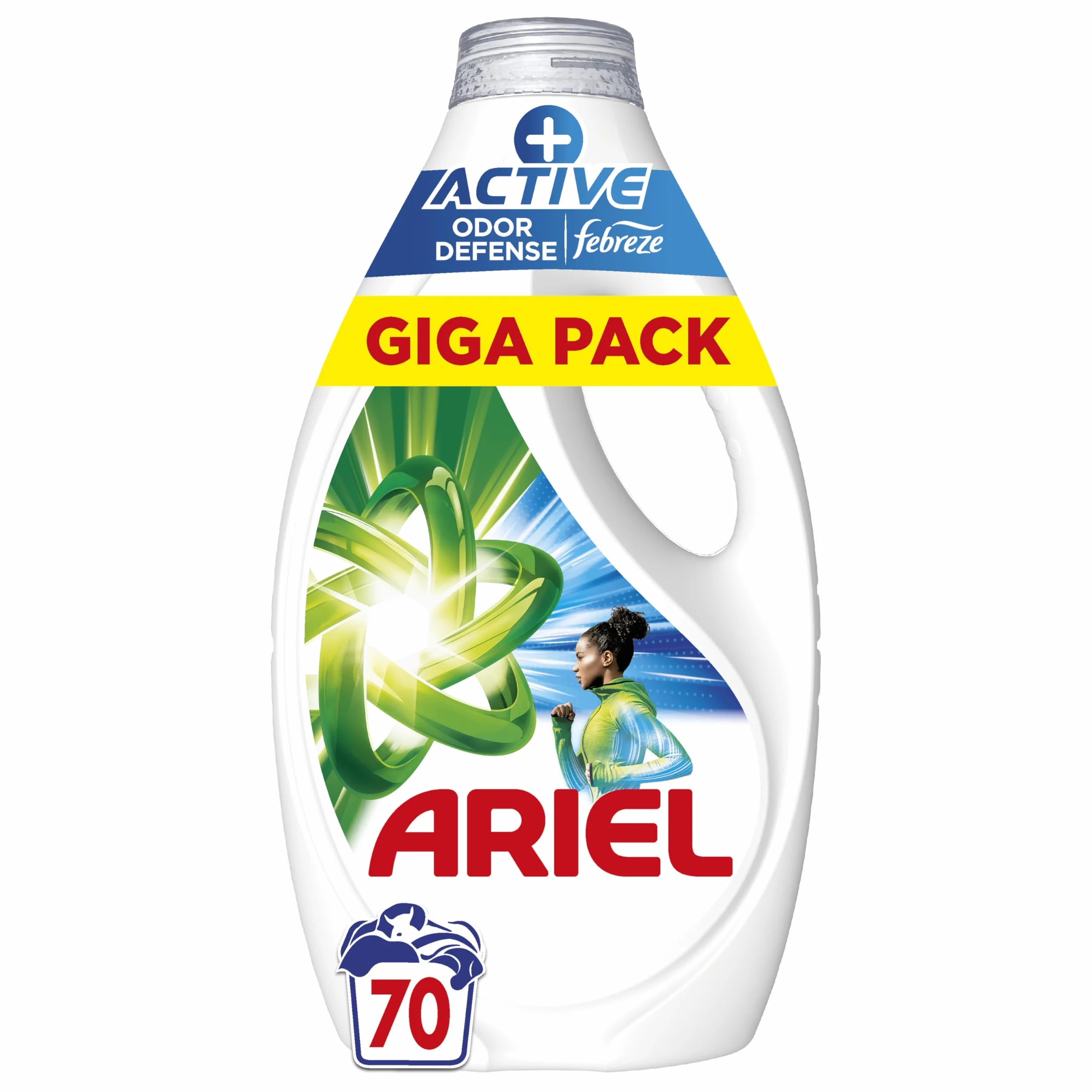 Ariel +Active Lessive Liquide, 70 Lavages (3.15L), Élimine les Odeurs de Transpiration Même Après 7 Jours avec la Technologie Febreze, Impeccable Même à Froid, Fabriqué en France