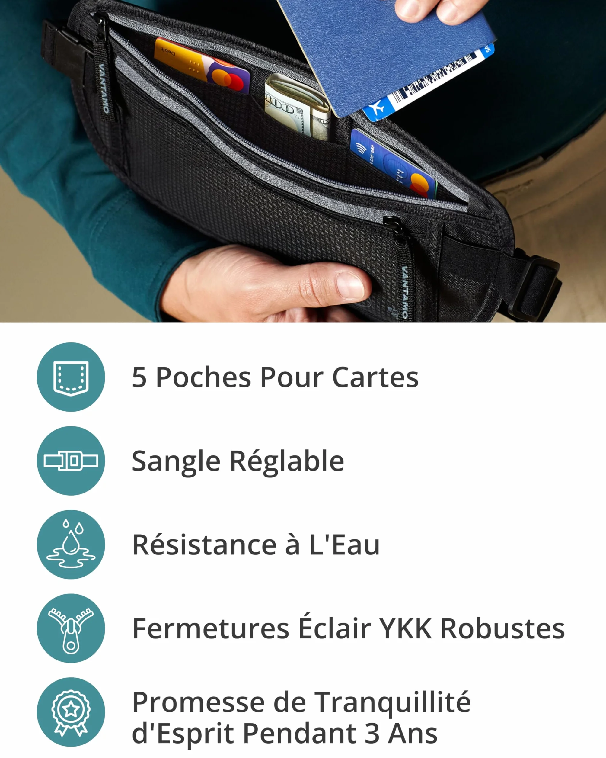Sac Banane Femme Ultra Fin Protection RFID Antivol Sangle Réglable Ceinture Course à Pied Légère Voyage Sport Pochette Secrète Téléphone Passeport
