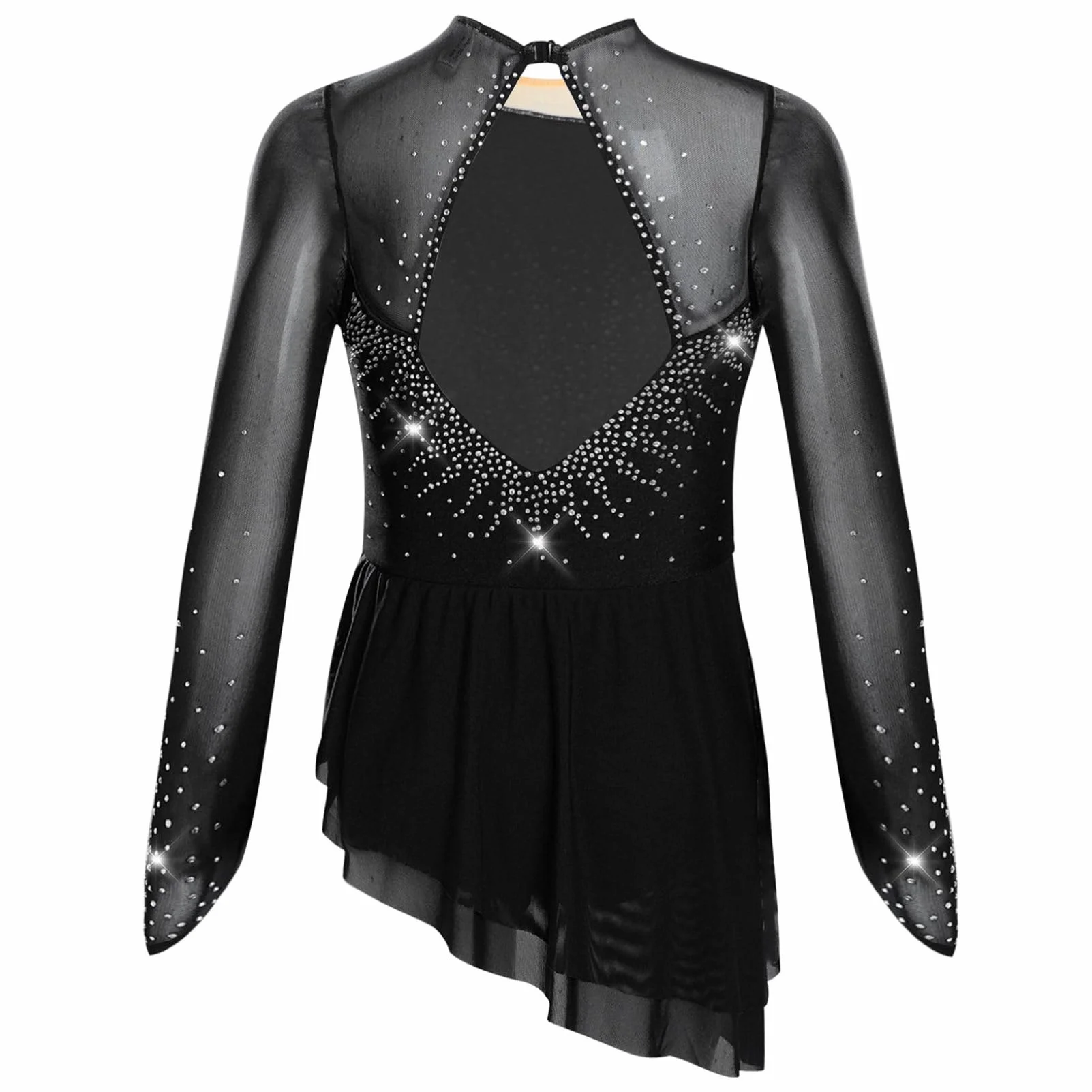 Oyolan Fille Robe Patinage Artistique Manches Longues Strass Asymétrique Danse Leotard Gymnastique