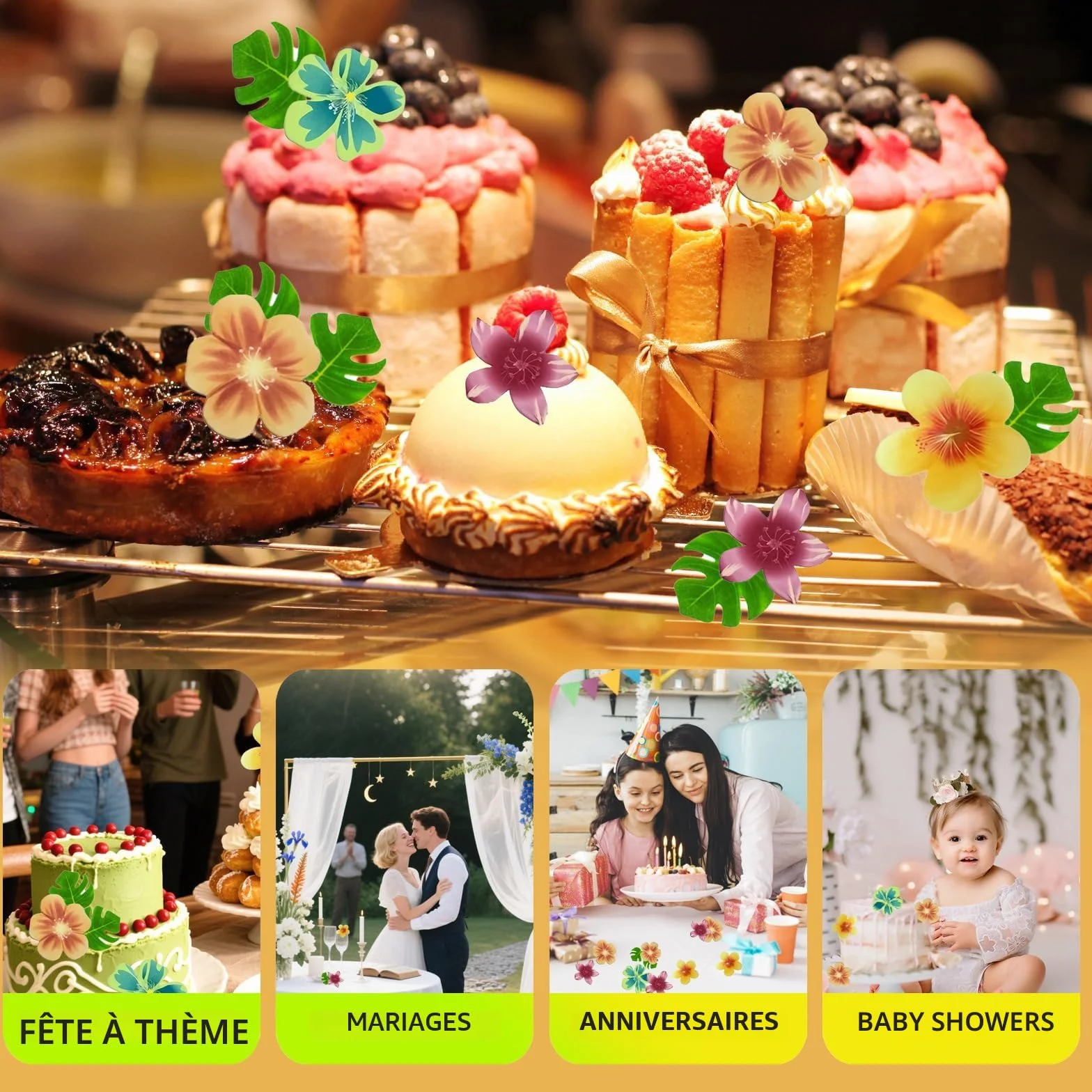Lot de 83 décorations de gâteau en papier comestible : 35 fleurs comestibles, 48 feuilles comestibles pour cupcakes, décorations d'anniversaire jungle, idéales pour les fêtes hawaïennes et les