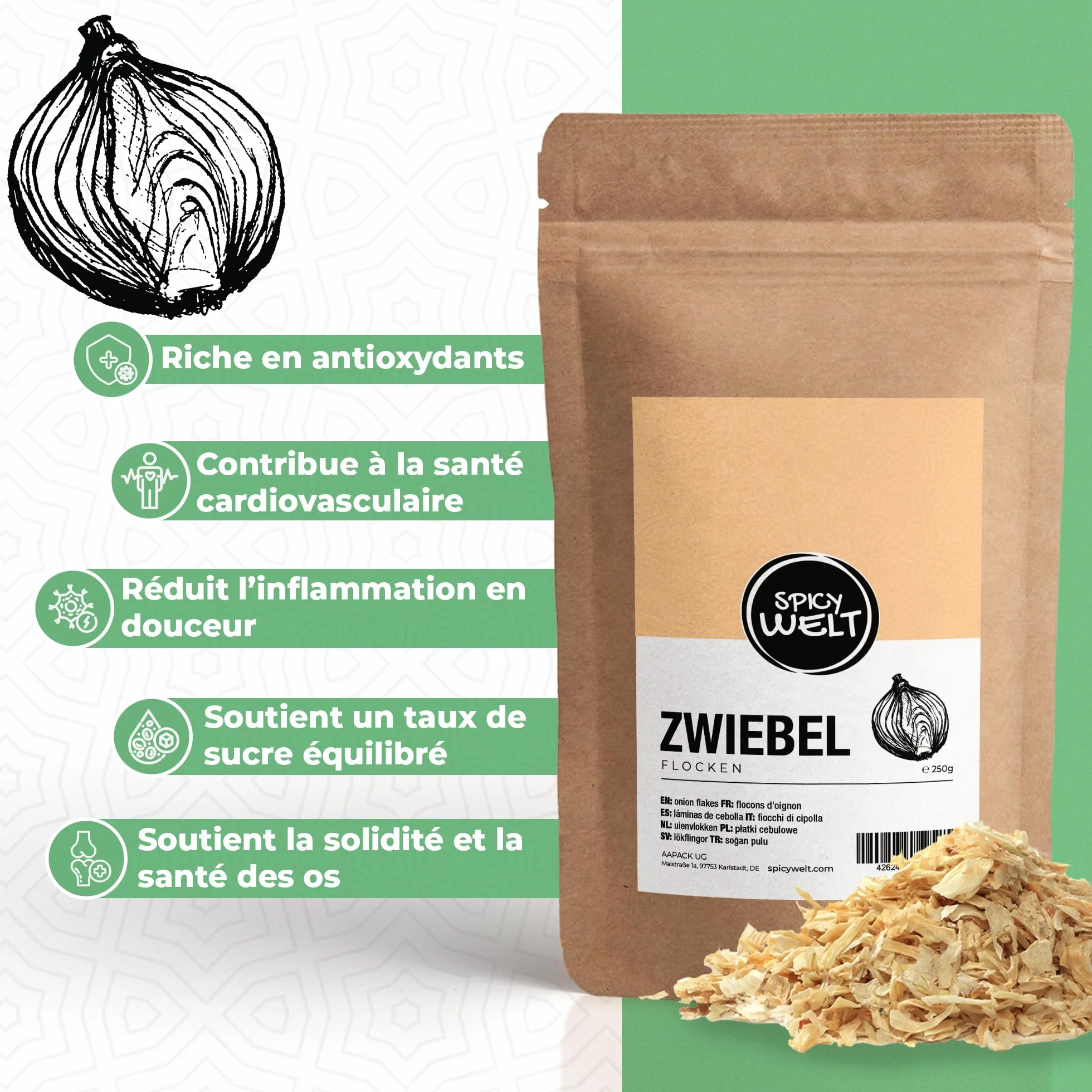 Spicy Welt Flocons d'Oignon (500g) – Oignon Séché en Lanières | Pour Pains, Burgers, Soupes & Plats Mijotés | Texture Visible & Saveur Concentrée | 100% Naturel, Sans Additifs