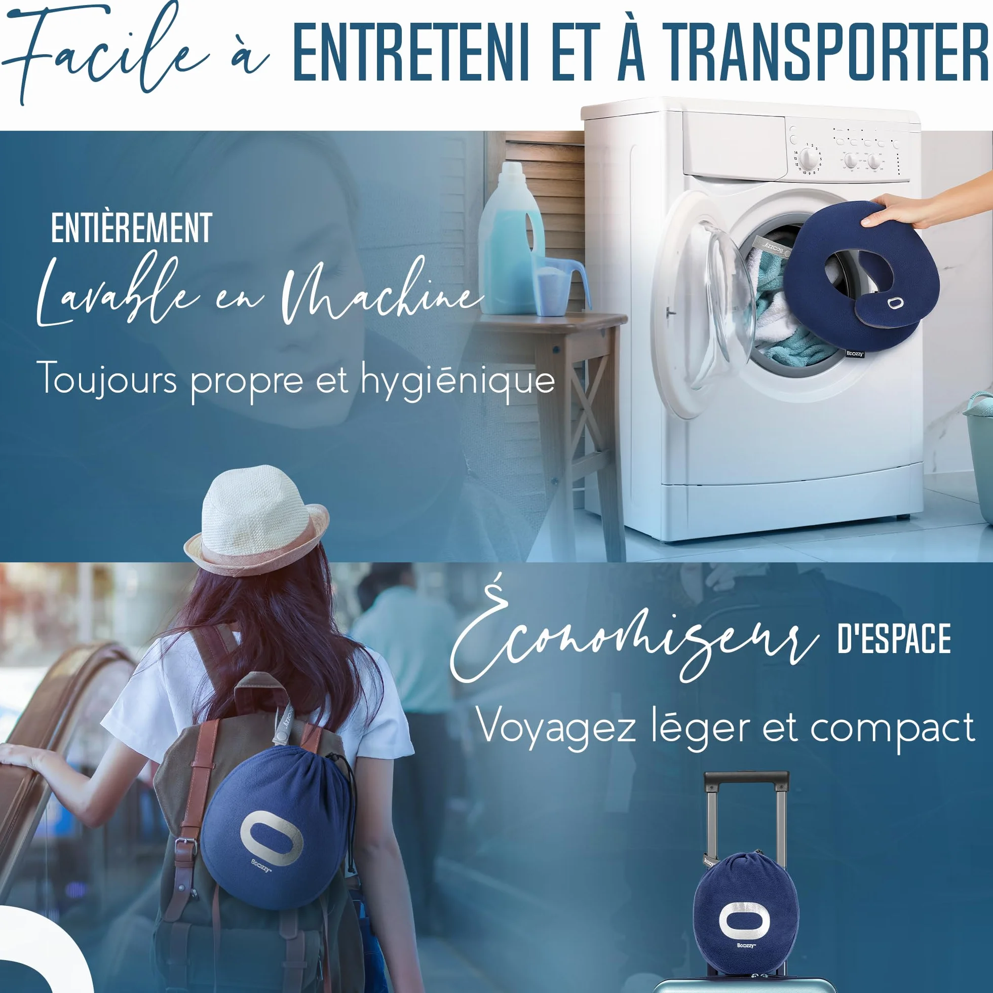 BCOZZY Oreiller Cervical Voyage Double Soutien Tête Cou Menton Lavable Taille Large Bleu Marine