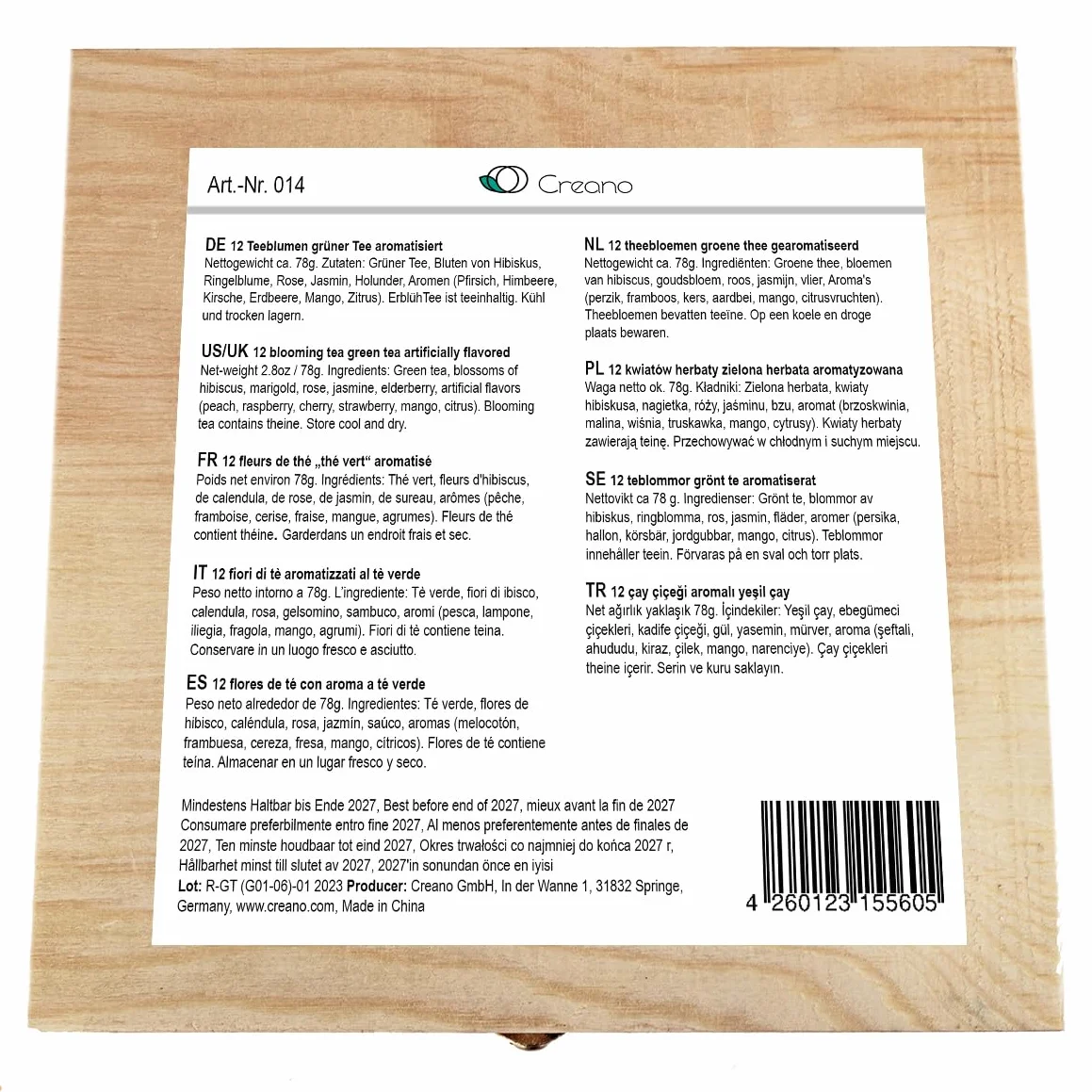 Creano „Fleurs de Thé“ Verts 12 pcs – Coffret en Bois Premium – 6 variétés de thé vert fruité aromatisé – Idée cadeau élégante