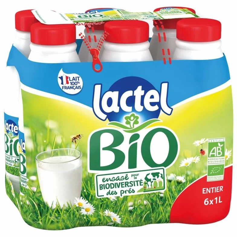 LACTEL Lait Entier Bio Certifié Ab 6X1L - Pack de 6 Bouteilles de Lait Bio Frais de 1L - Produit Français pour une Alimentation Saine et Naturelle - L'Unité