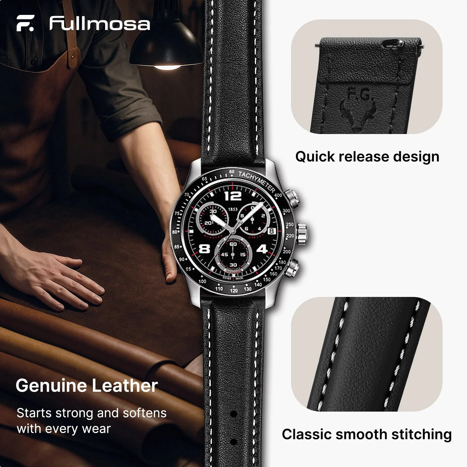 Fullmosa Bracelet de montre en cuir vintage remplacement universel 20MM Noir boucle argentée
