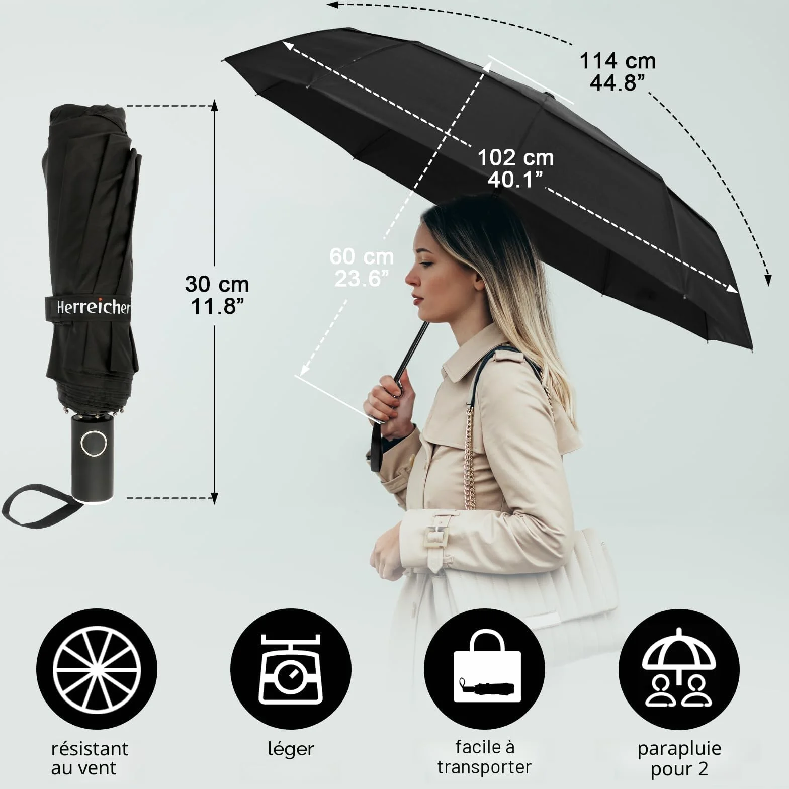 Parapluie Automatique Résistant au Vent Double Toit Léger Aluminium 10 Baleines Compact 102cm