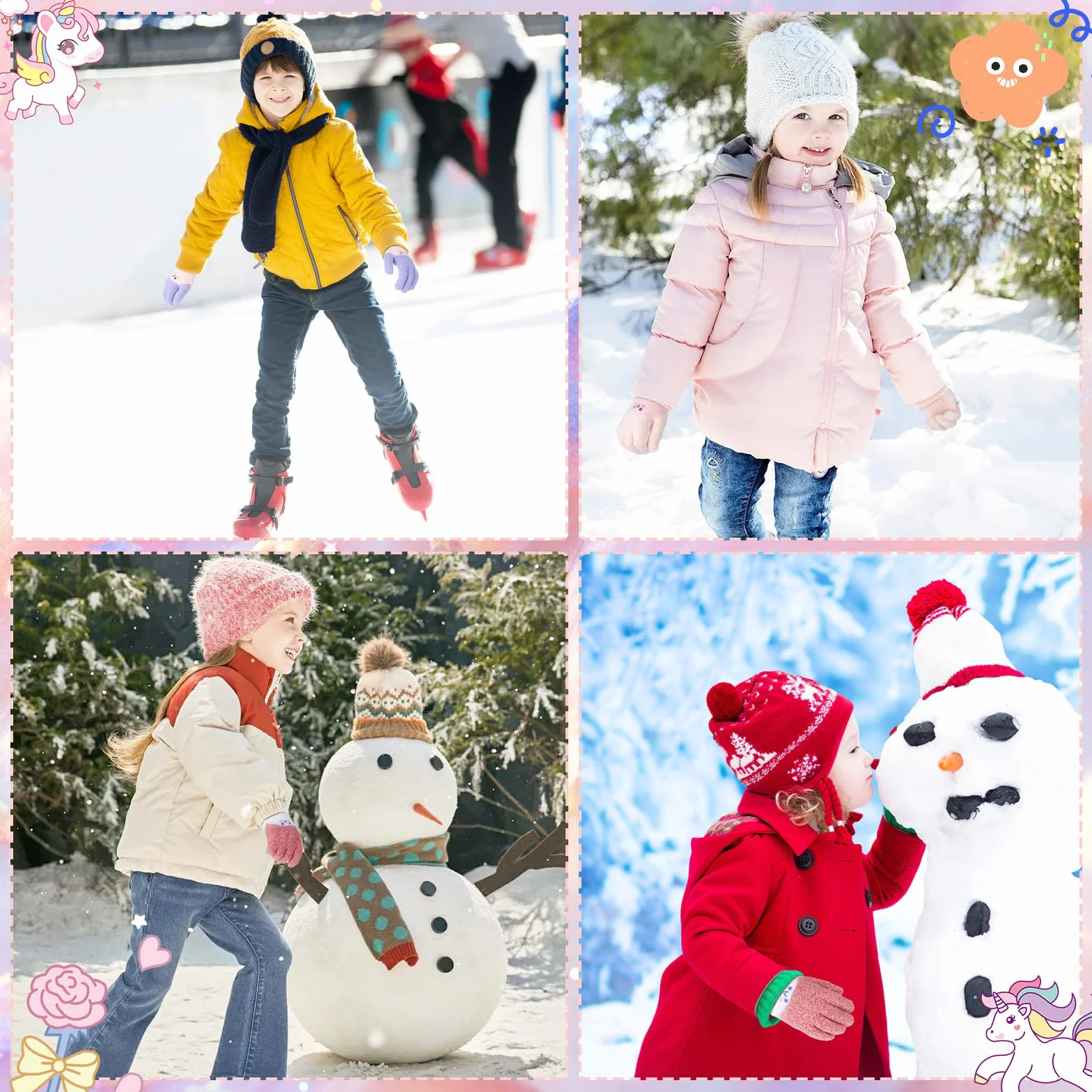 QKURT Lot de 3 paires gants magiques enfants tricotés chauds élastiques mitaines hiver 6-14 ans