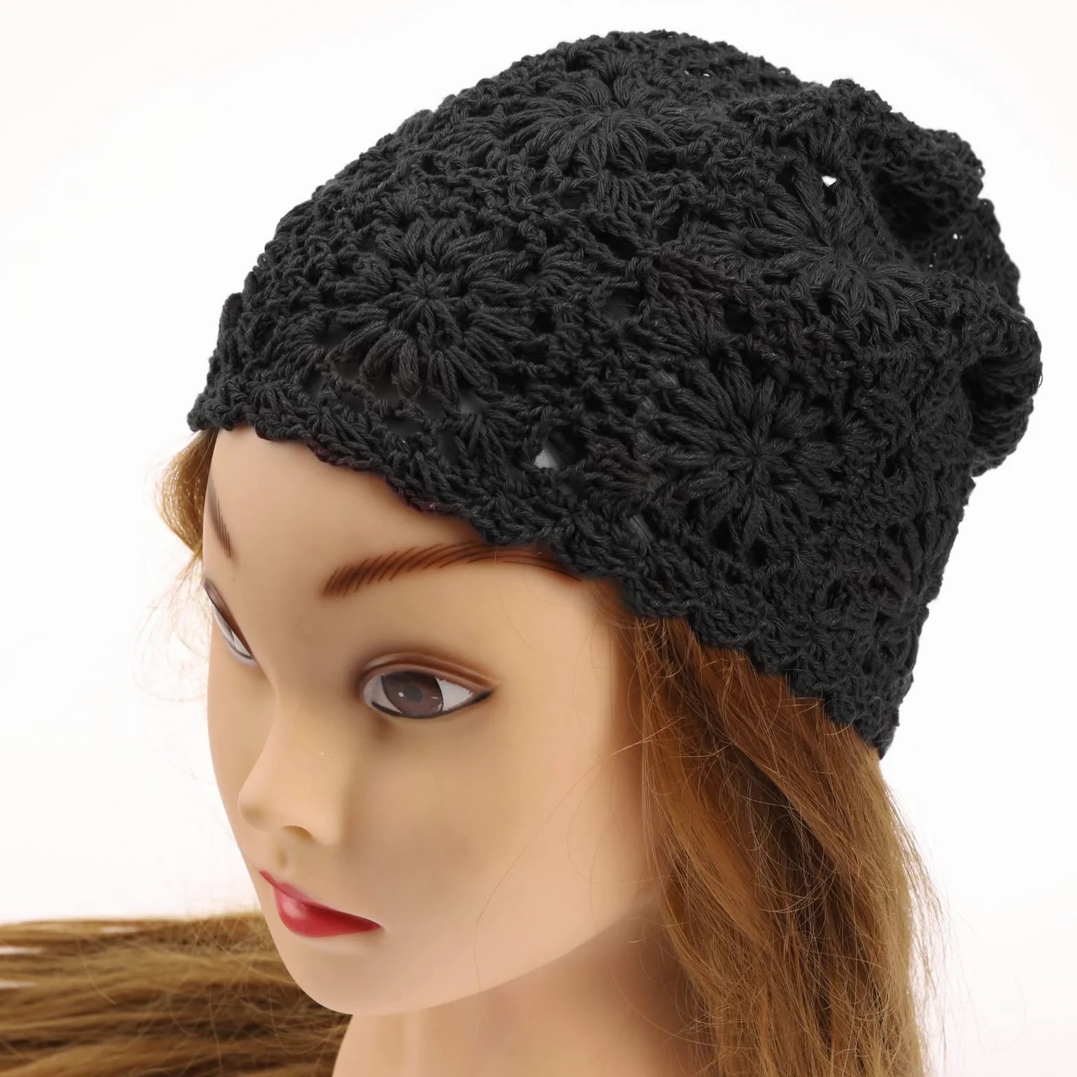 Bonnet Femmes Coton Tricot Vintage Floral Crochet Slouchy Cap 52-58cm Tour de Tête