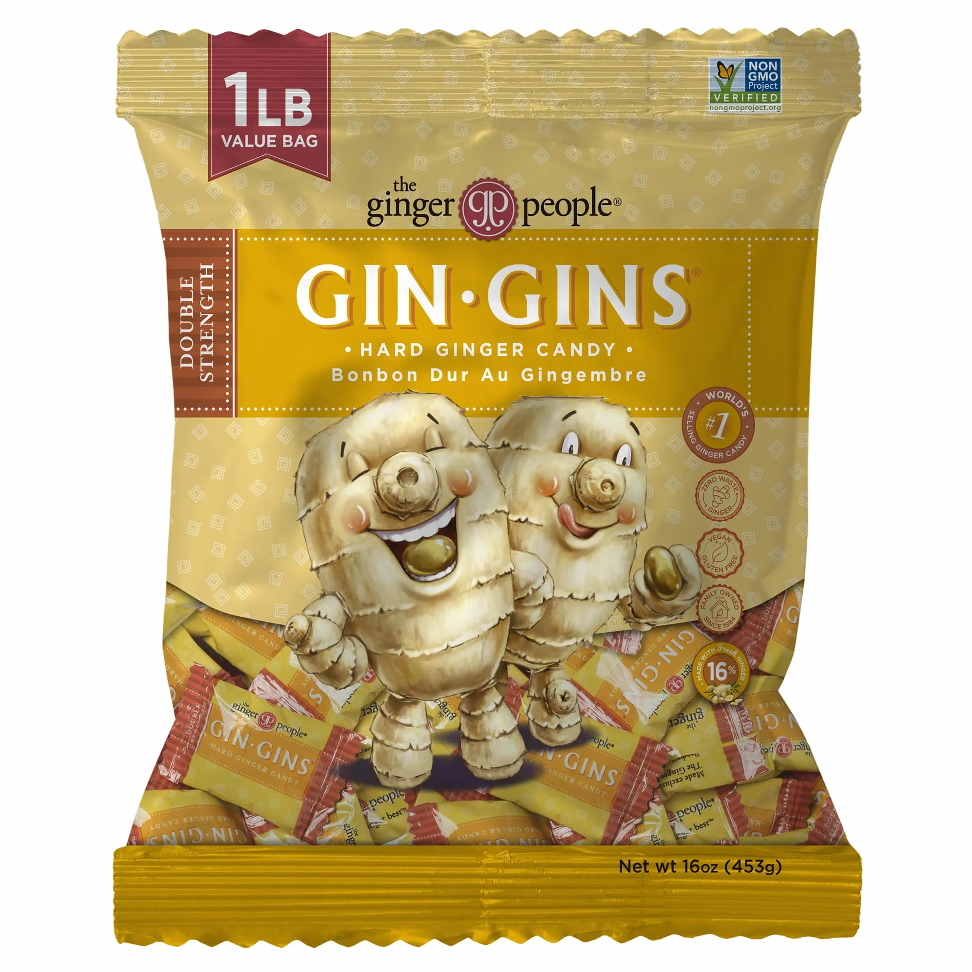 GIN GINS – Bonbons durs au gingembre – Double force – Élaboré avec du vrai gingembre – Emballés individuellement – The Ginger People – Sachet de 453 g