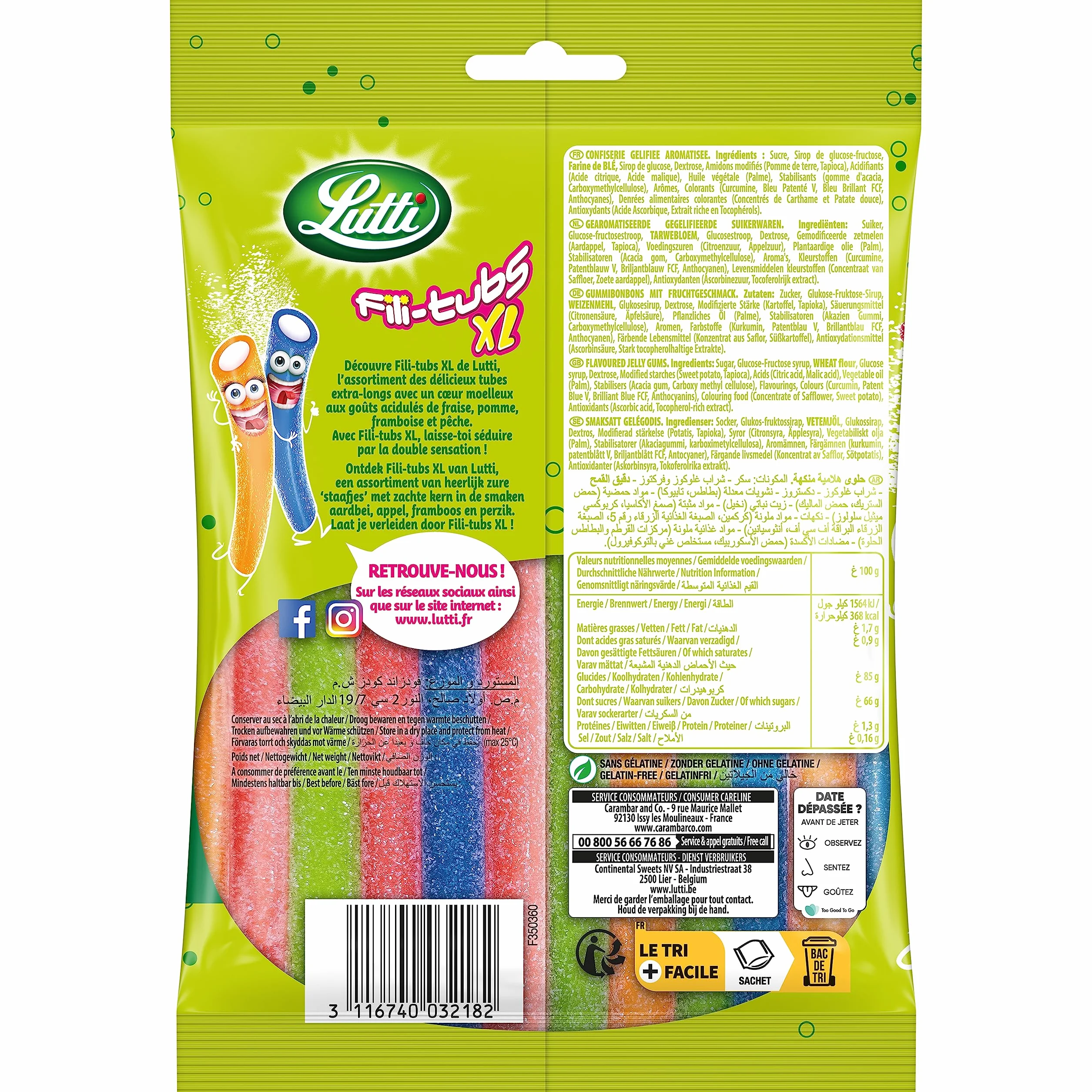 Lutti Assortiment de Bonbons Fili-Tubs XL le Paquet de 180 g