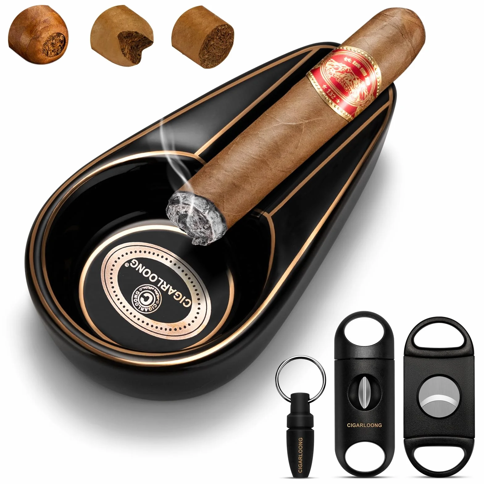 Cendrier à cigares en céramique avec coupe-cigare en V, guillotine à double lame, noir