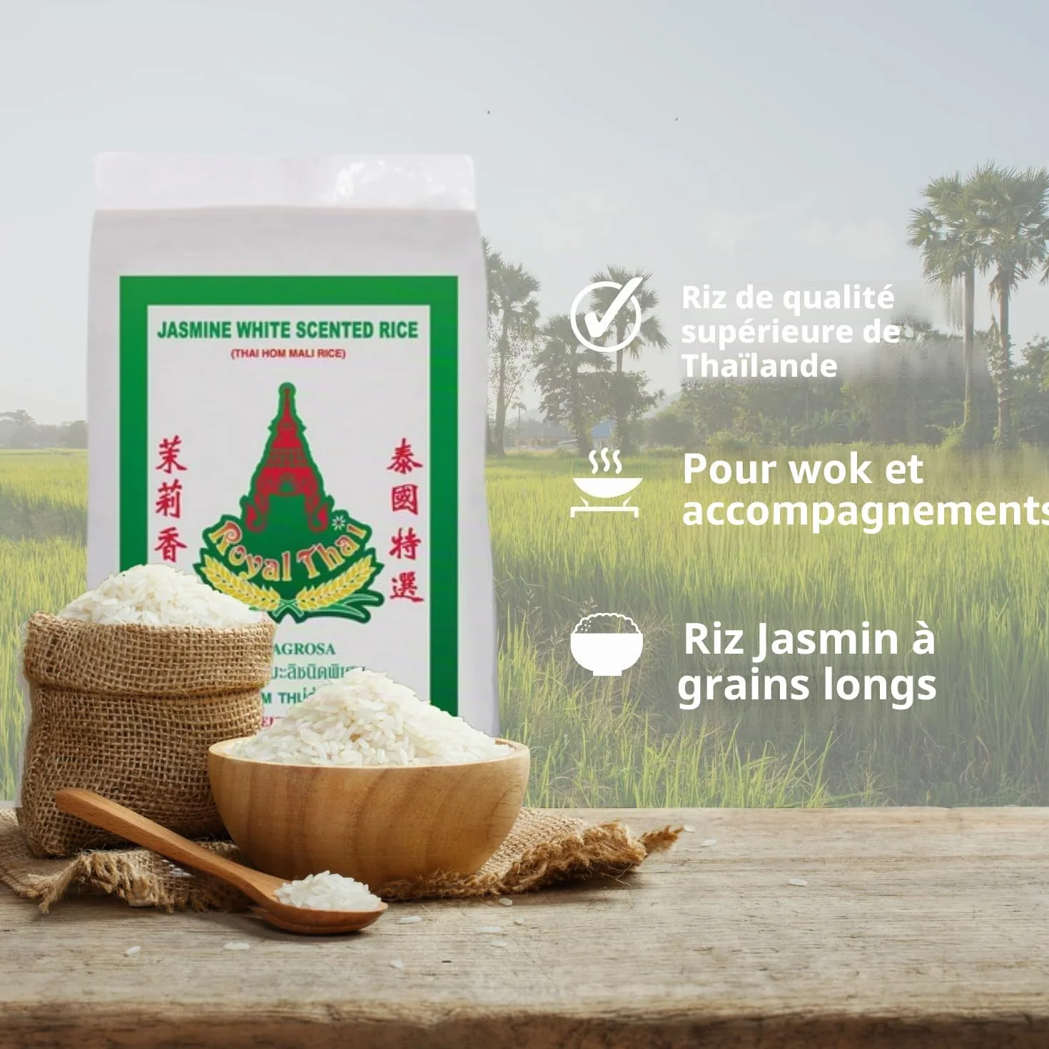 Riz parfumé Royal Thai Rice Jasmin à grains longs 18 kg – Qualité supérieure de Thaïlande, 100 % riz naturel | Idéal pour les plats wok, les cuisines asiatiques et les accompagnements avec autocollant