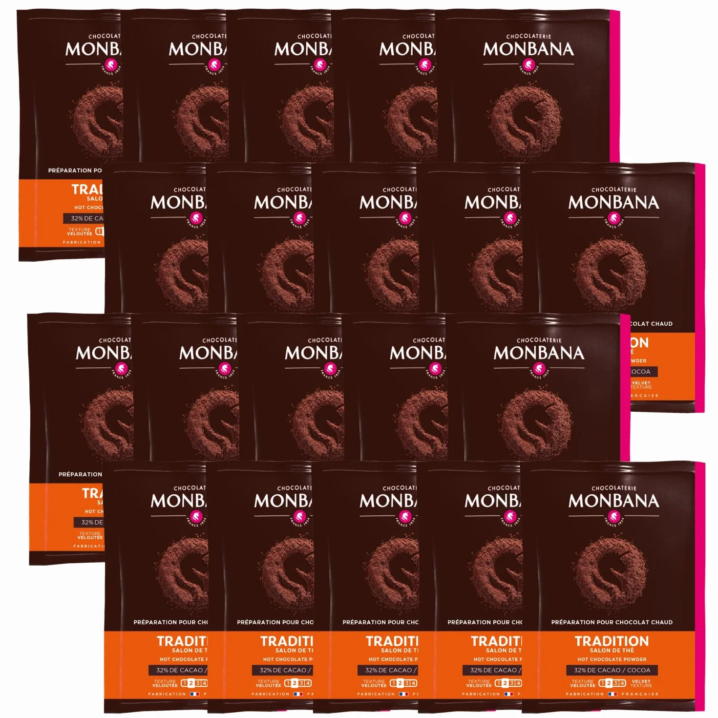 MONBANA | 20 sachets de chocolat TRADITION - SALON DE THÉ | Doses individuelles de 20 g de chocolat en poudre à déguster tout au long de la journée