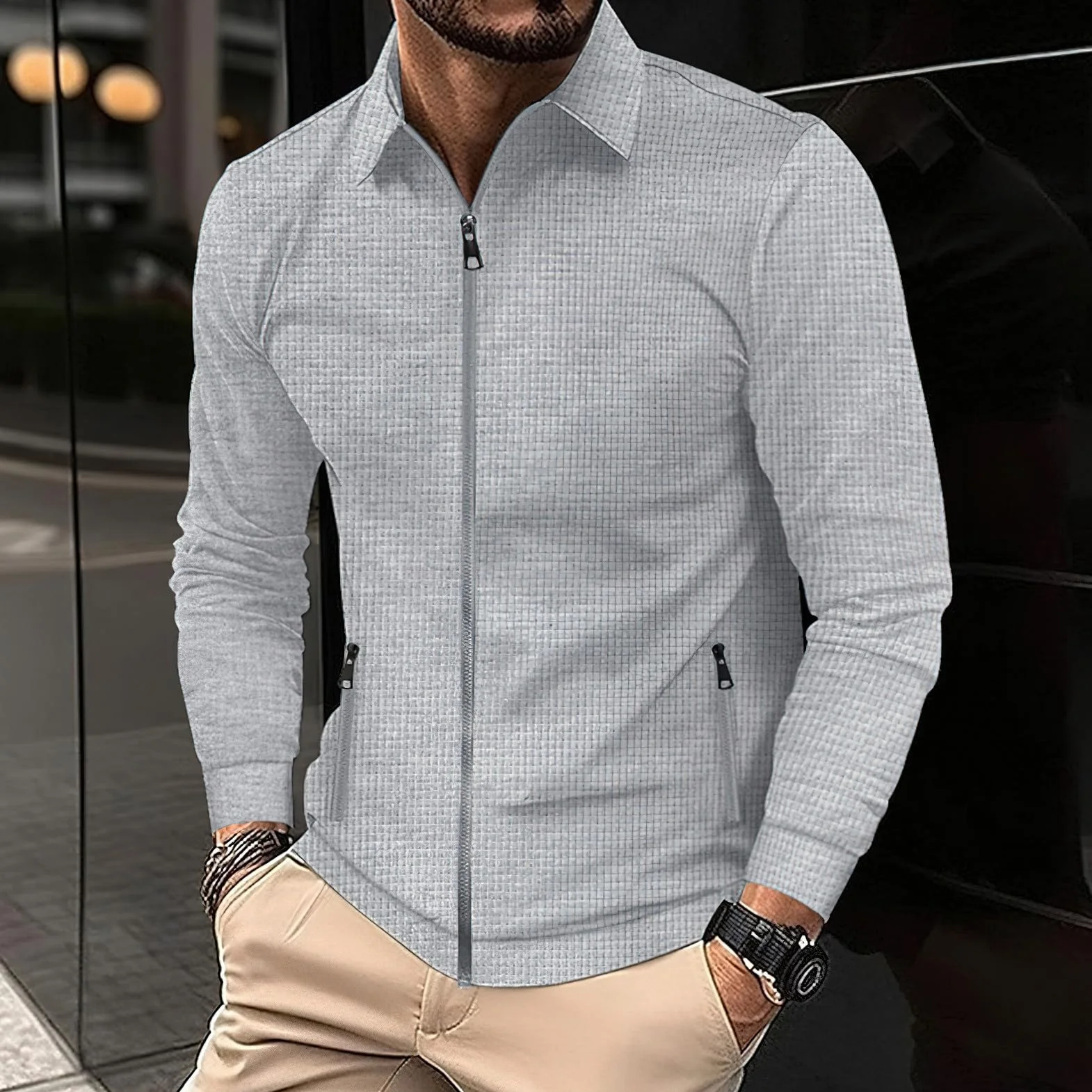 Ensemble de 2 Pièces Veste & Pantalon Waffle Manches Longues Zipper pour Homme Survêtements Sport Travail