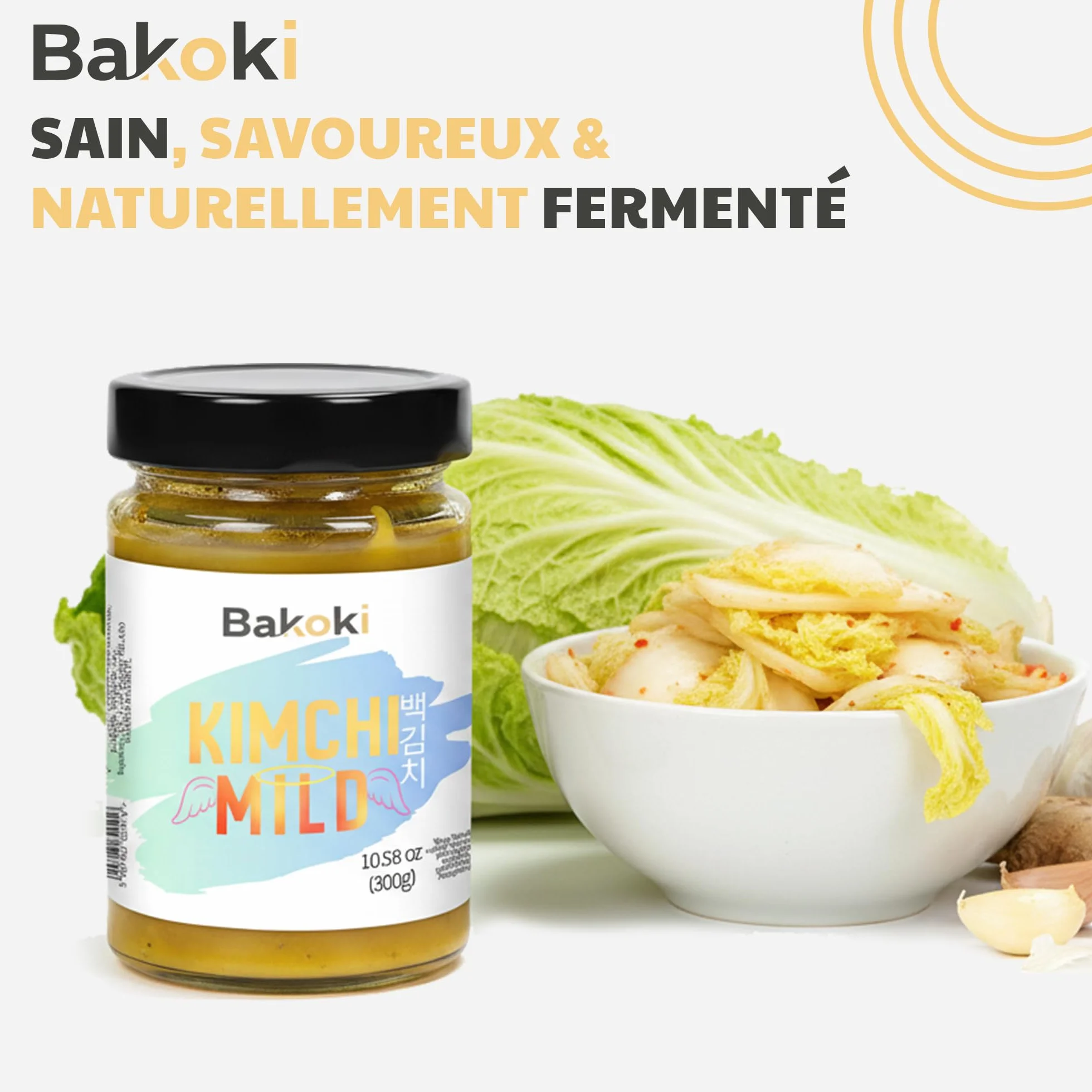 Bakoki 백김치 Baek‑Kimchi – Kimchi doux, sans piment, fermenté de manière traditionnelle au curcuma – 2 × 300 g (idéal pour le déjeuner, les bowls et les accompagnements)