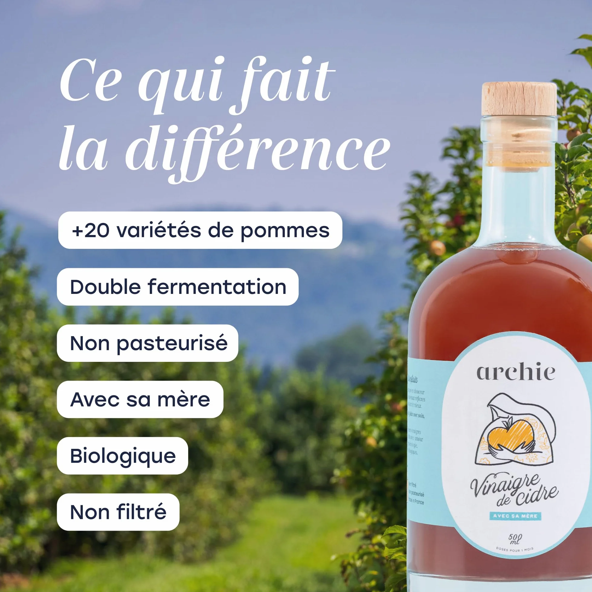 Archie, Pack Recharges Vinaigre de Cidre de pomme Biologique, 1L. Non filtré, non pasteurisé, avec la mère de vinaigre. Made in France, Normandie. Savoir-faire artisanal. Format Éco. 3 recharges.