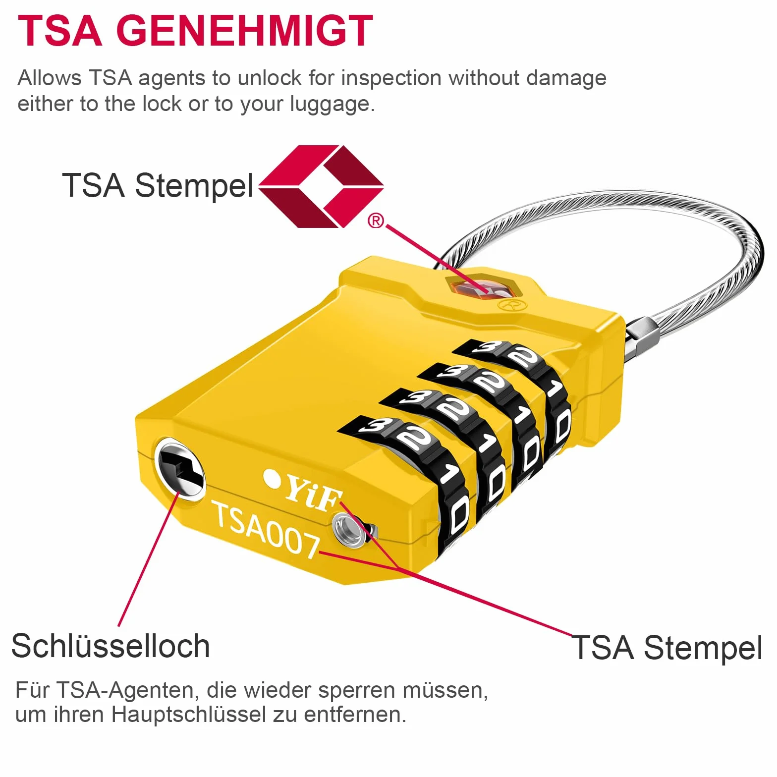 Cadenas Valise TSA 4 Chiffres avec Alarme d'ouverture, Serrures à Bagages avec Câble Flexible (2 Pièce, Jaune)