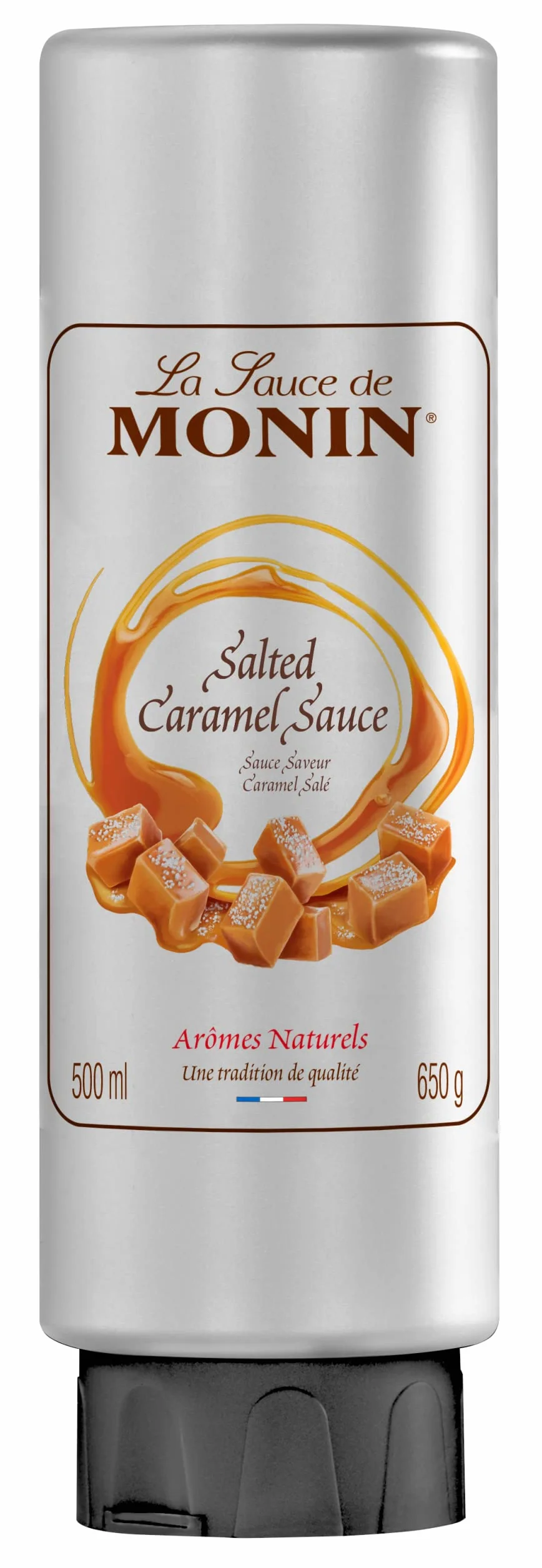 MONIN Sauce caramel salée premium 500ml pour frappe, dessert, cocktail, chocolats chauds et garnitures. Végétarien, sans noix, sans gluten. Saveur 100% naturelle. Bouteille souple pour une utilisation