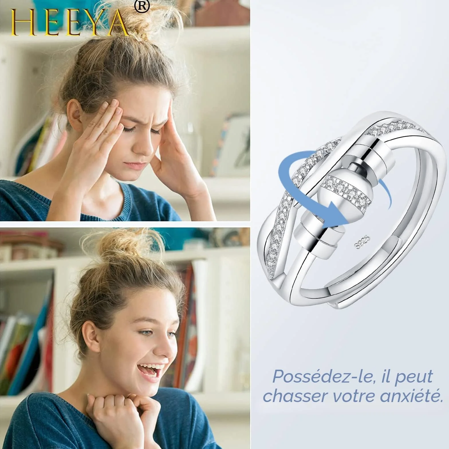 HEEYA Bague Anti Stress Femme Argent 925 Fidget Bague Anxiété Rotative Spinner Zircon Cubique