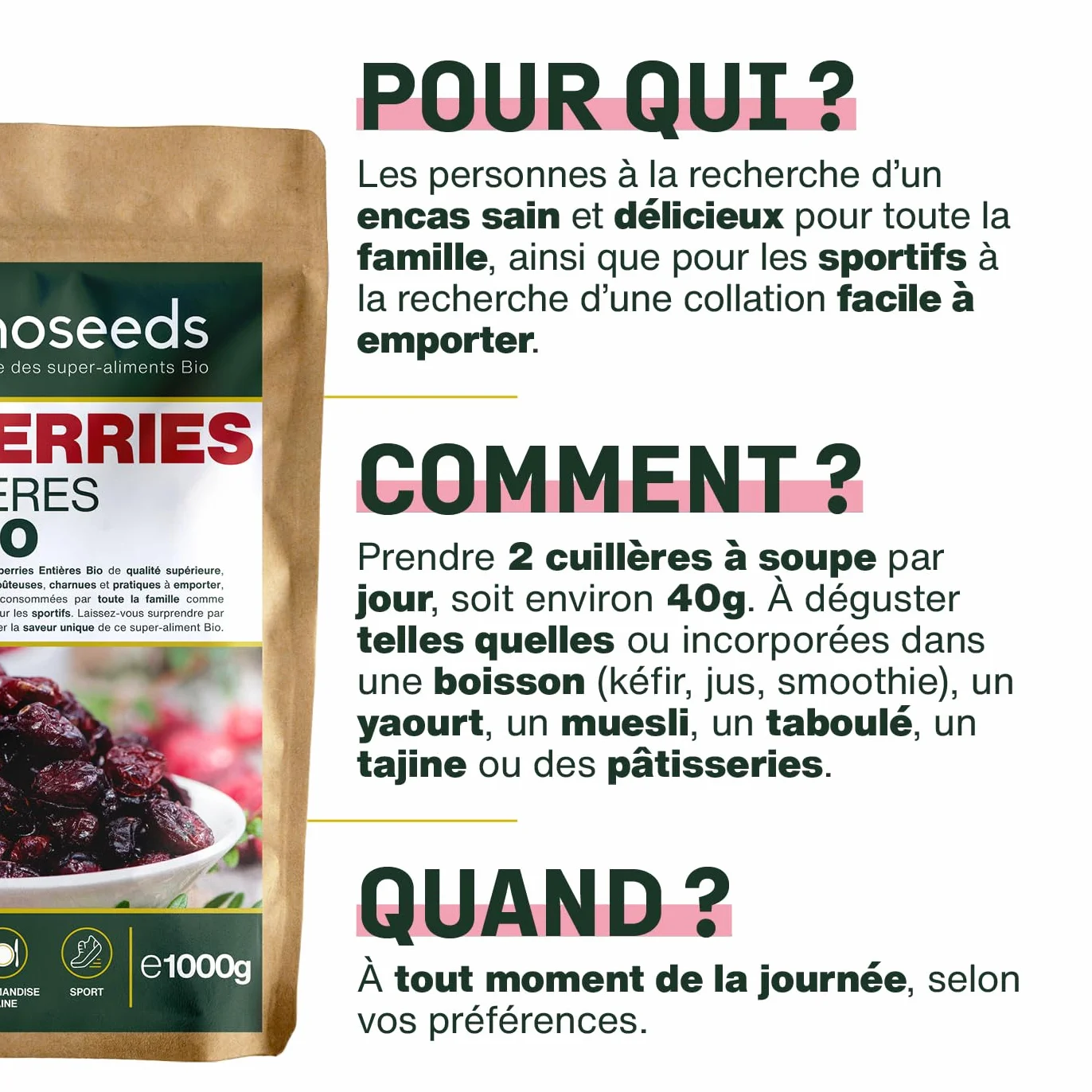 Cranberries Entières Bio 1KG | Sans sucre ajouté, naturellement sucrées au jus de pomme | Qualité Supérieure