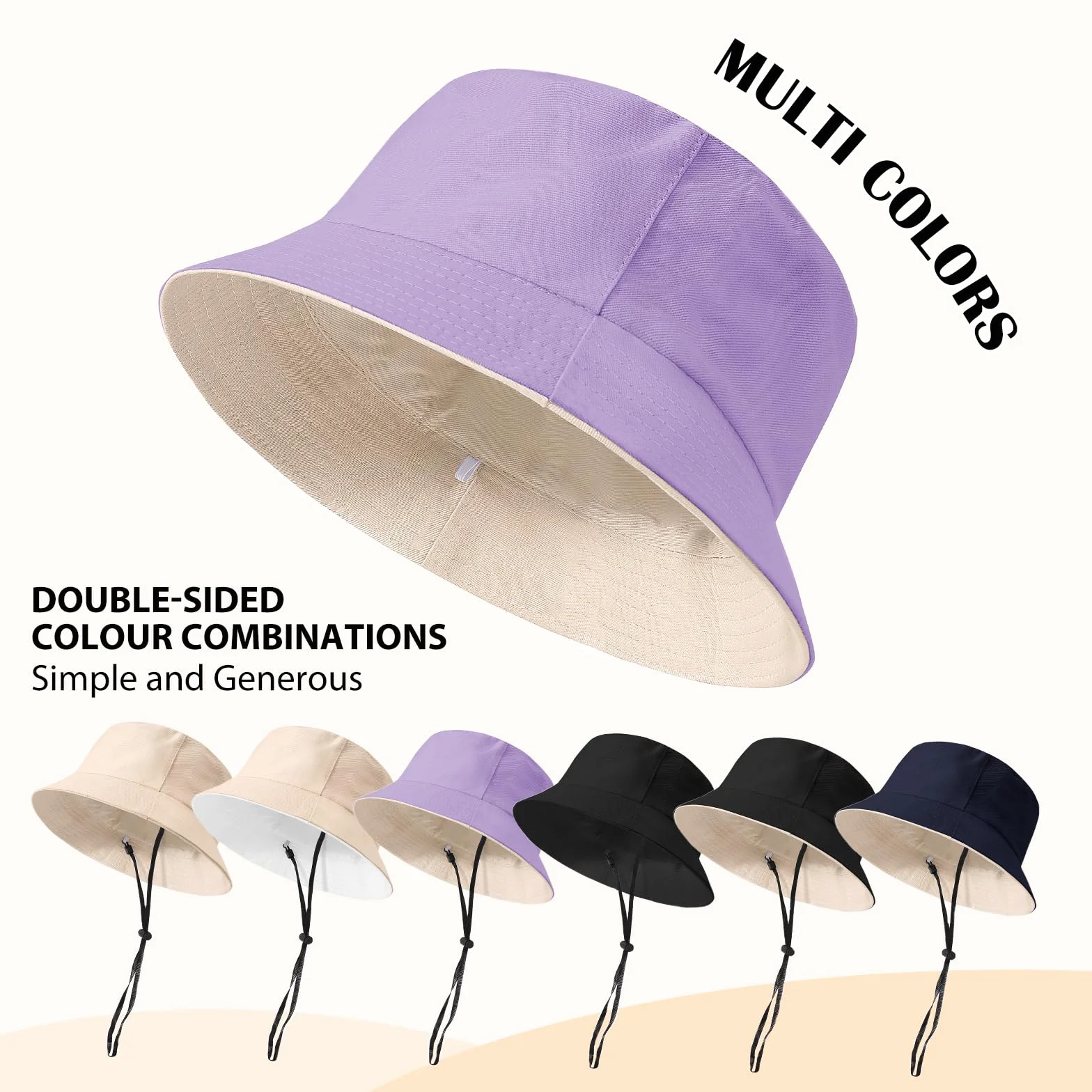 Xnova Bob Chapeaux de Soleil Unisexe Pliable Réversible Anti UV Coton Bucket Hat Corde Coupe-Vent