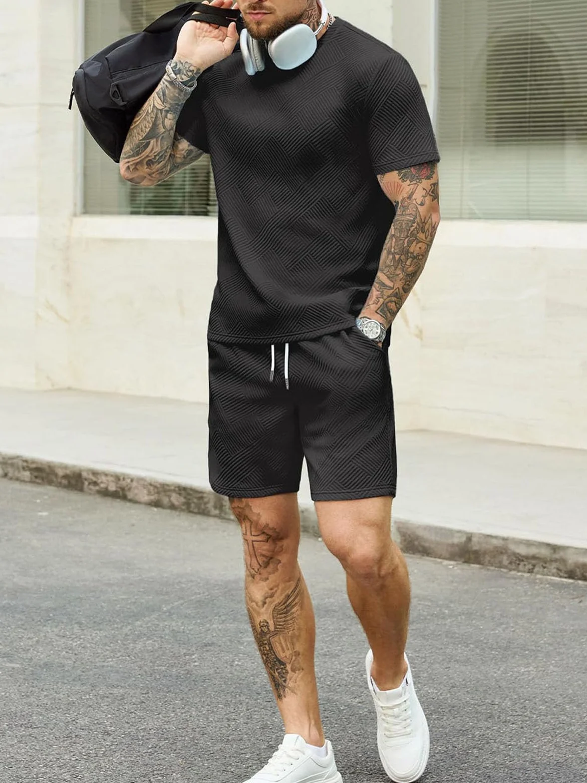 Survêtement Homme 2 Pièces Jacquard T-Shirt Manches Courtes Short Ensemble Ete