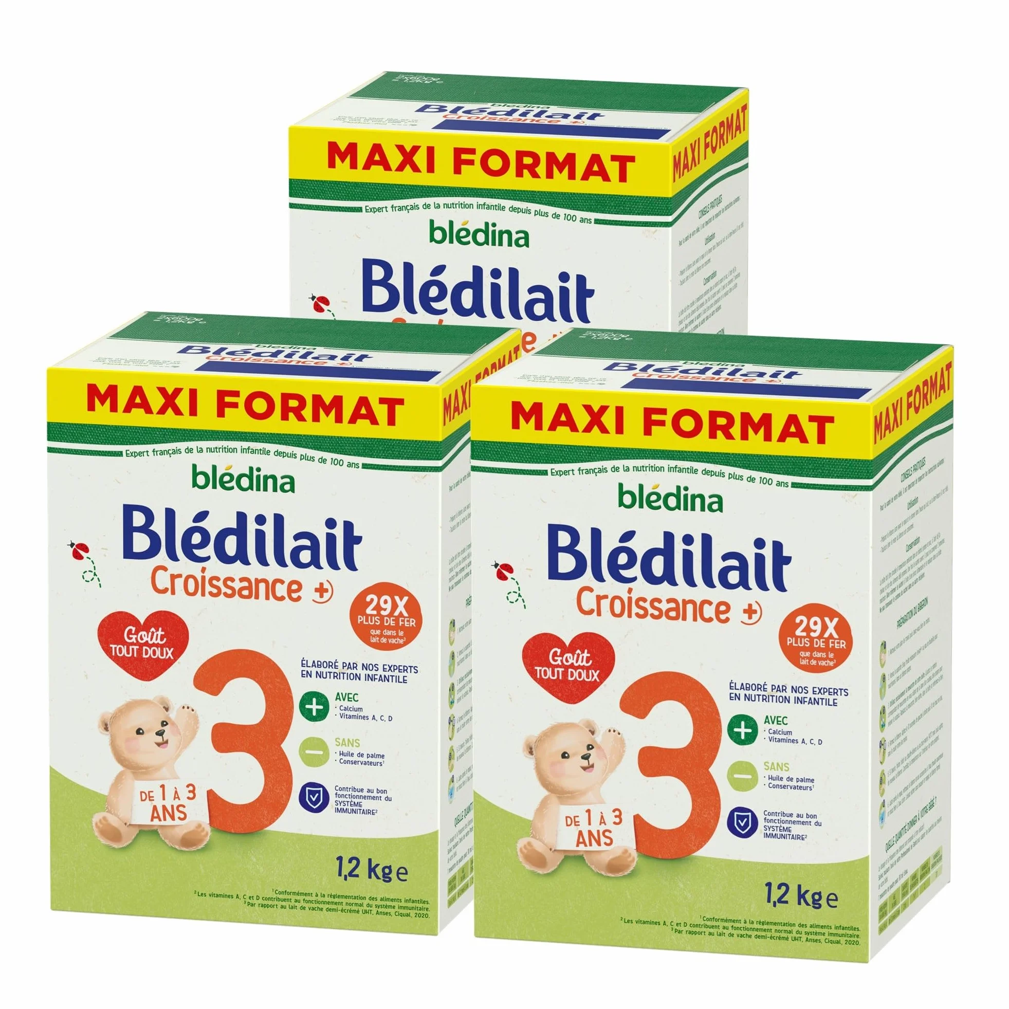 Blédina - Blédilait Croissance 3ème âge - Lait en poudre pour bébé - De 1 à 3 ans - Lot de 3x1,2kg