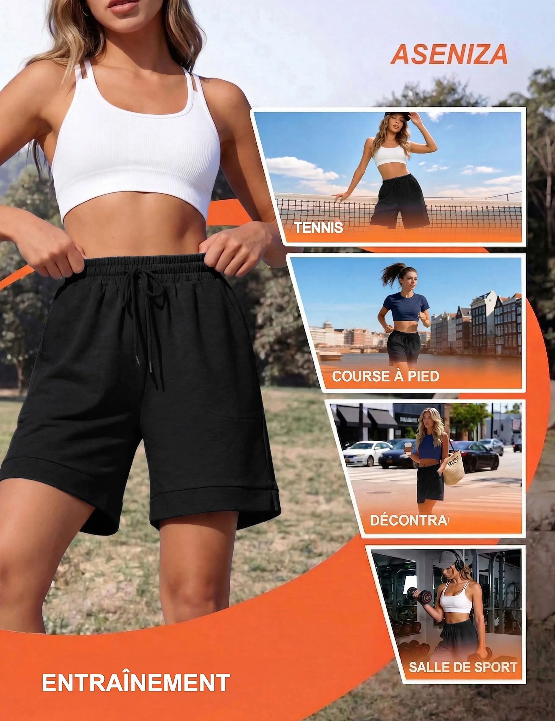 Aseniza Short Sport Femme Baggy Bermuda Shorts Yoga Coton Été Confortable Léger Tennis Course Serrage Poche