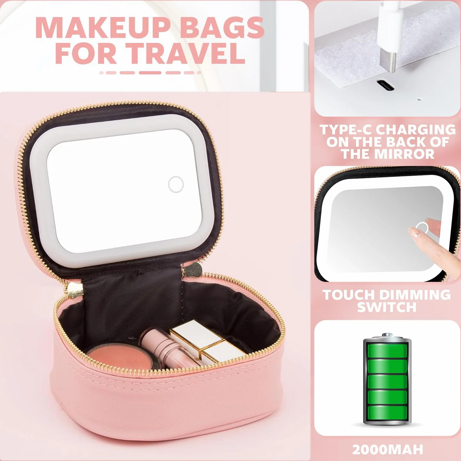 Trousse de maquillage avec miroir LED PU Noir Moderne