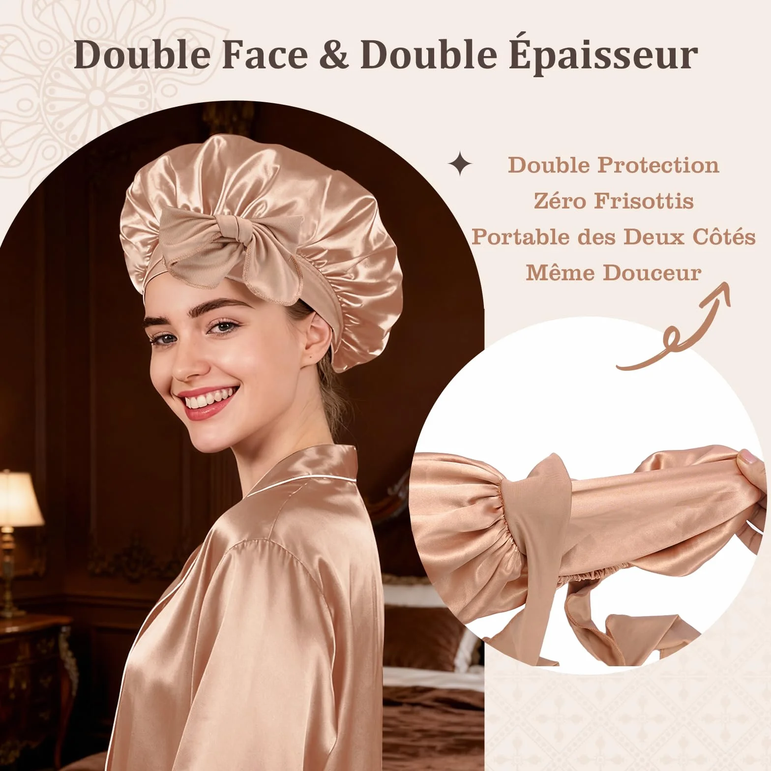 Bonnet de Nuit Réversible Double Couche en Satin avec Élastique Réglable, Set Bonnet et Chouchou pour Cheveux Bouclés