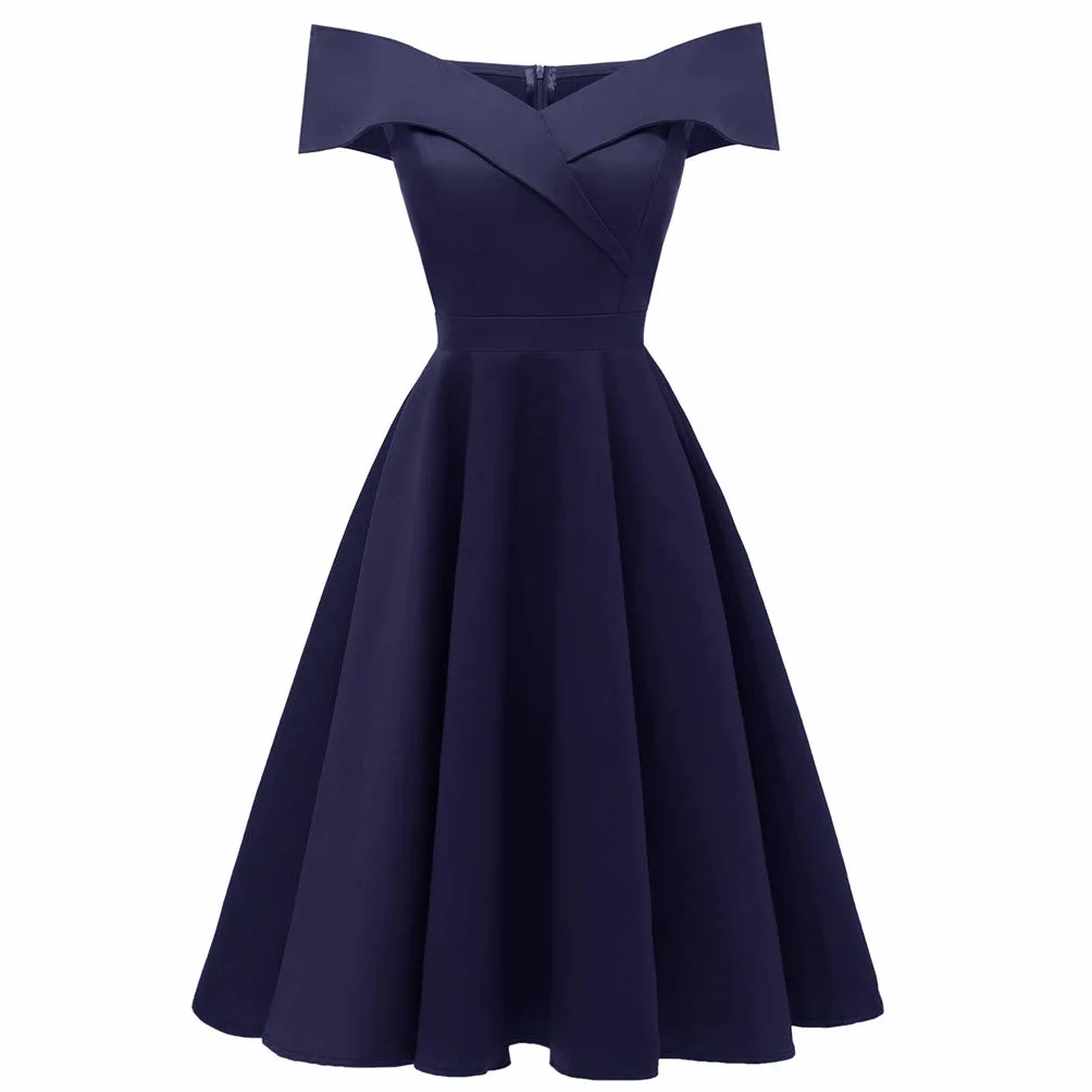 Robe Cocktail Femme Épaules Dénudées Demoiselle d'honneur Sexy Plissée Coupe Ourlet Ample Couleur Unie Chic