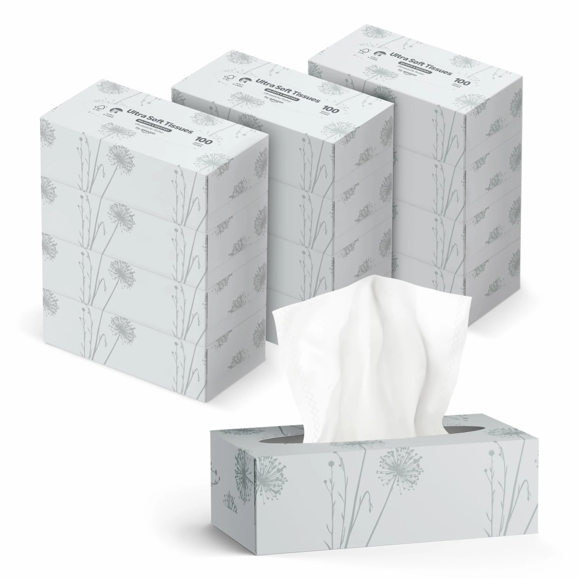 by Amazon Mouchoirs en Papier 4 Épaisseurs, 1 200 Feuilles (12 Paquets de 100 Feuilles)
