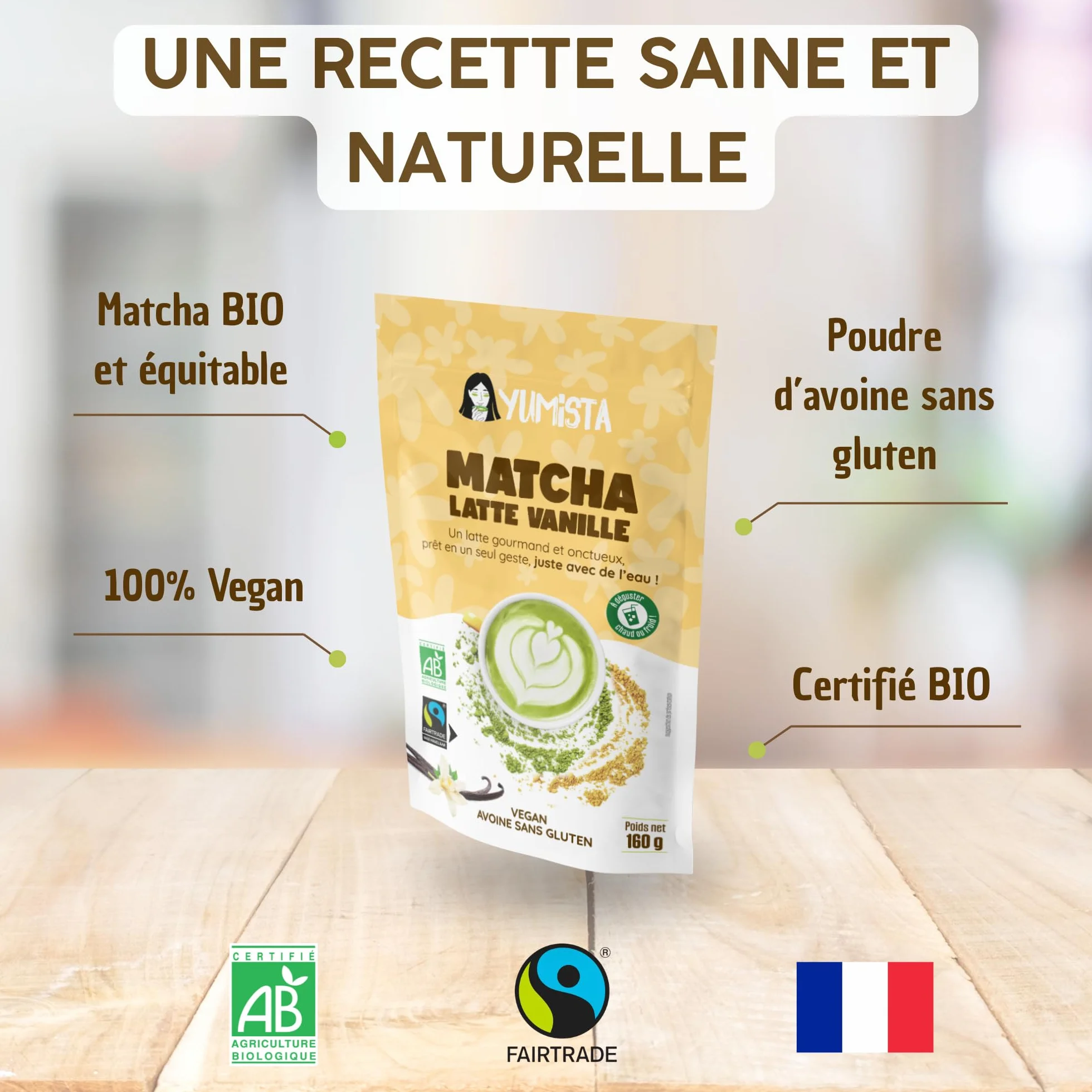 YUMISTA - Matcha Latte Vanille Instantané Bio - Format 2 kg Thé Matcha Poudre et Lait d'Avoine Sans Gluten - Thé Vert Matcha Premium en Sachet - Boisson Vegan Onctueuse Rapide Chaude ou Glacée
