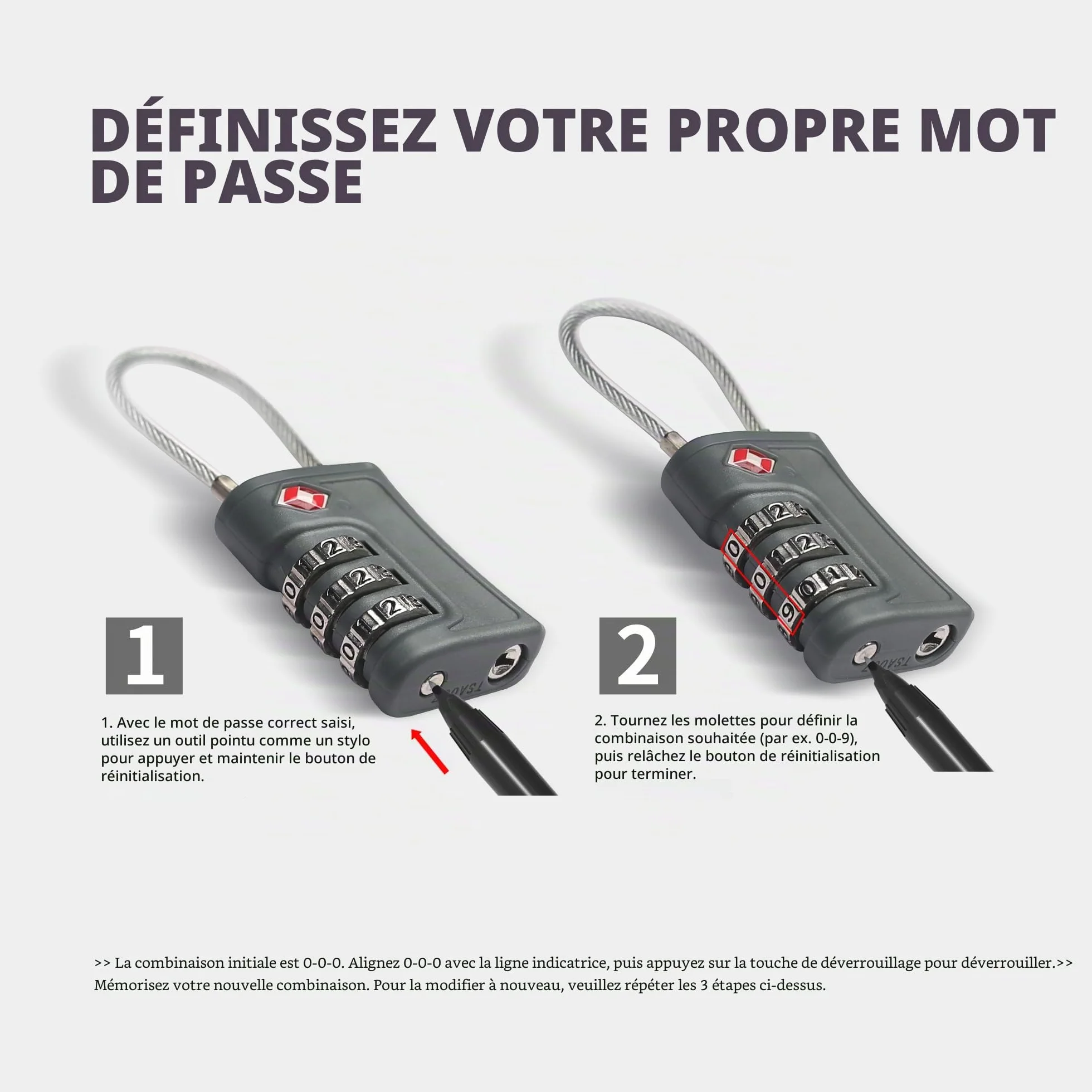 Lot de 2 cadenas à bagages TSA, cadenas à combinaison câble voyage, réinitialisable 3 chiffres, sécurité sans clé valises