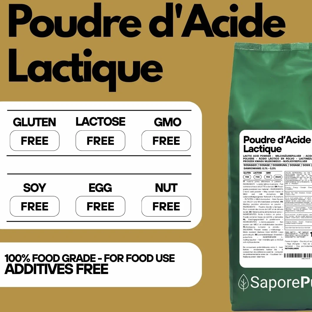 SaporePuro Acide Lactique en Poudre 1 kg – Qualité Alimentaire Pure – Pour Boulangerie, Produits Laitiers, Boissons Fermentées et Usage Cosmétique