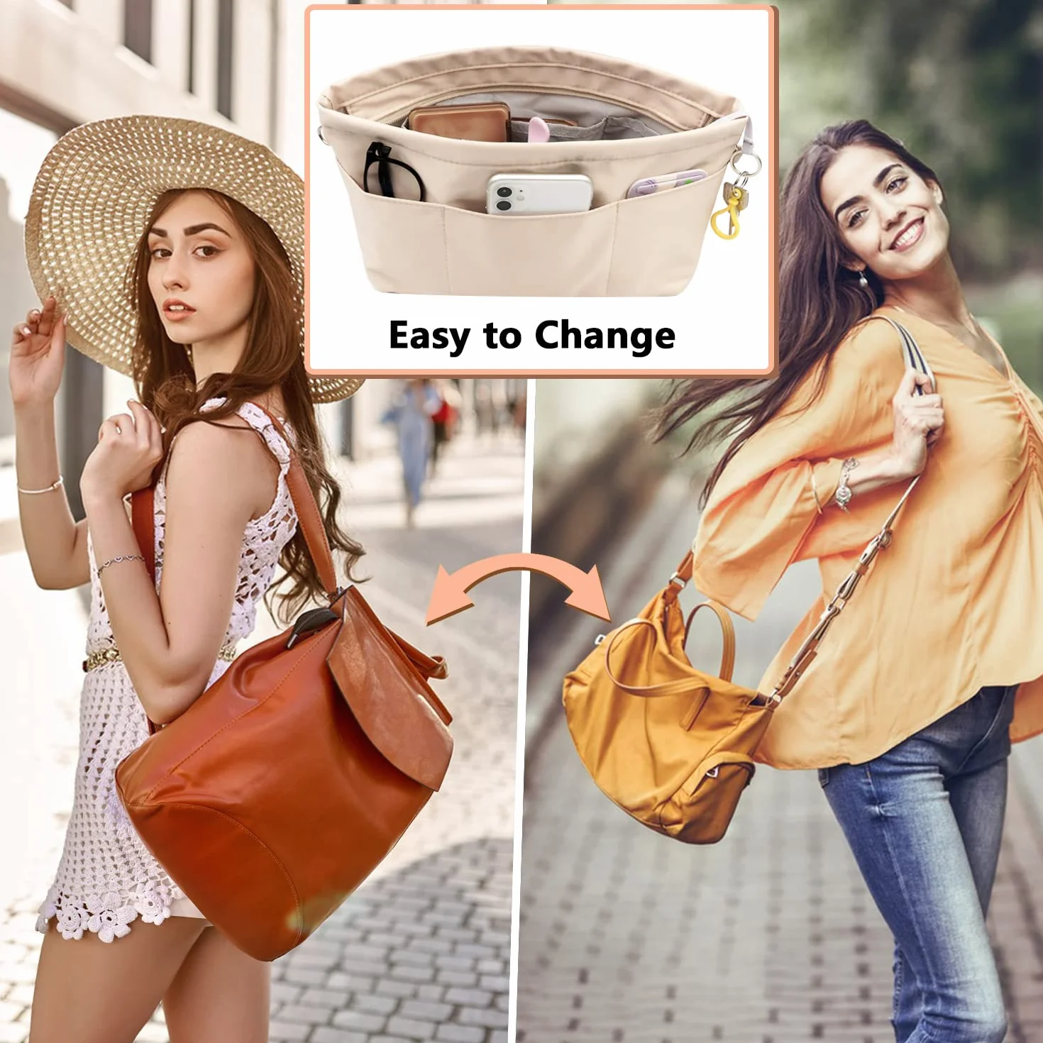Organisateur de sac à main en nylon beige taille M avec trousseau de clés