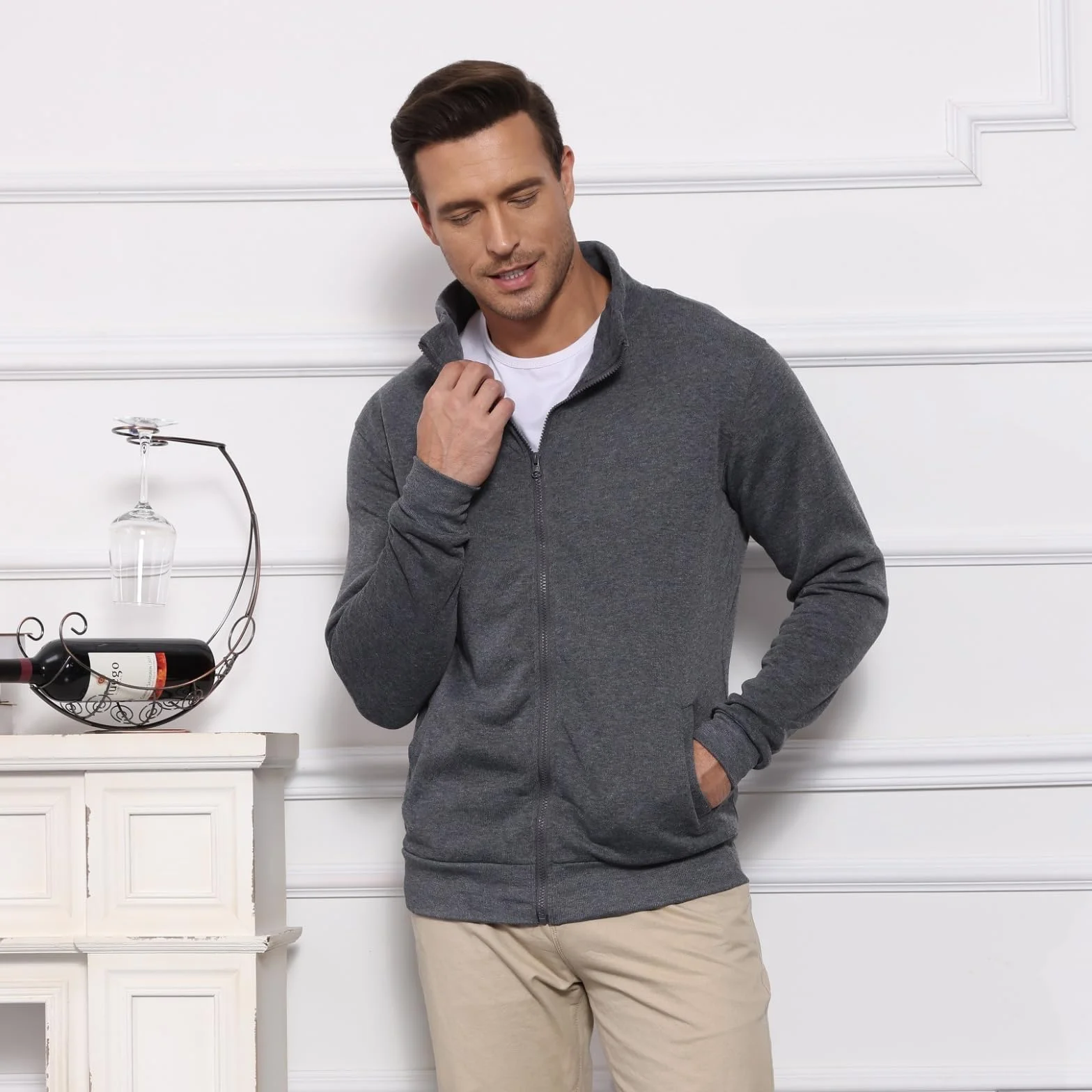 Sweat Homme sans Capuche Zippé Sweatshirt Sport Veste Légère Hiver M-3XL